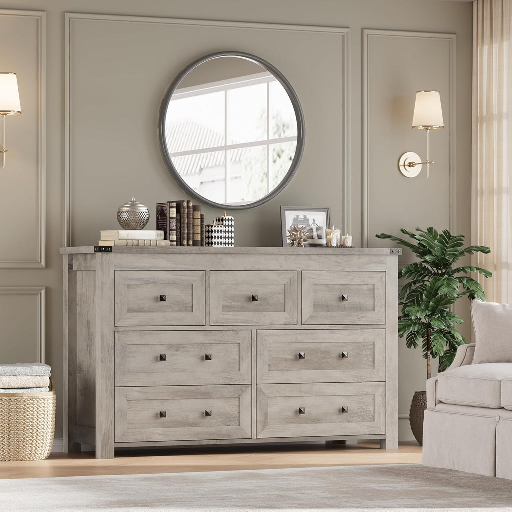 BORNOON 7-Drawer Dresser, Modern Wooden Storage Chest of Drawers, Dresser TV Stand, Wood Drawer Organizer with Metal Handles for Bedroom, Living Room, Hallway