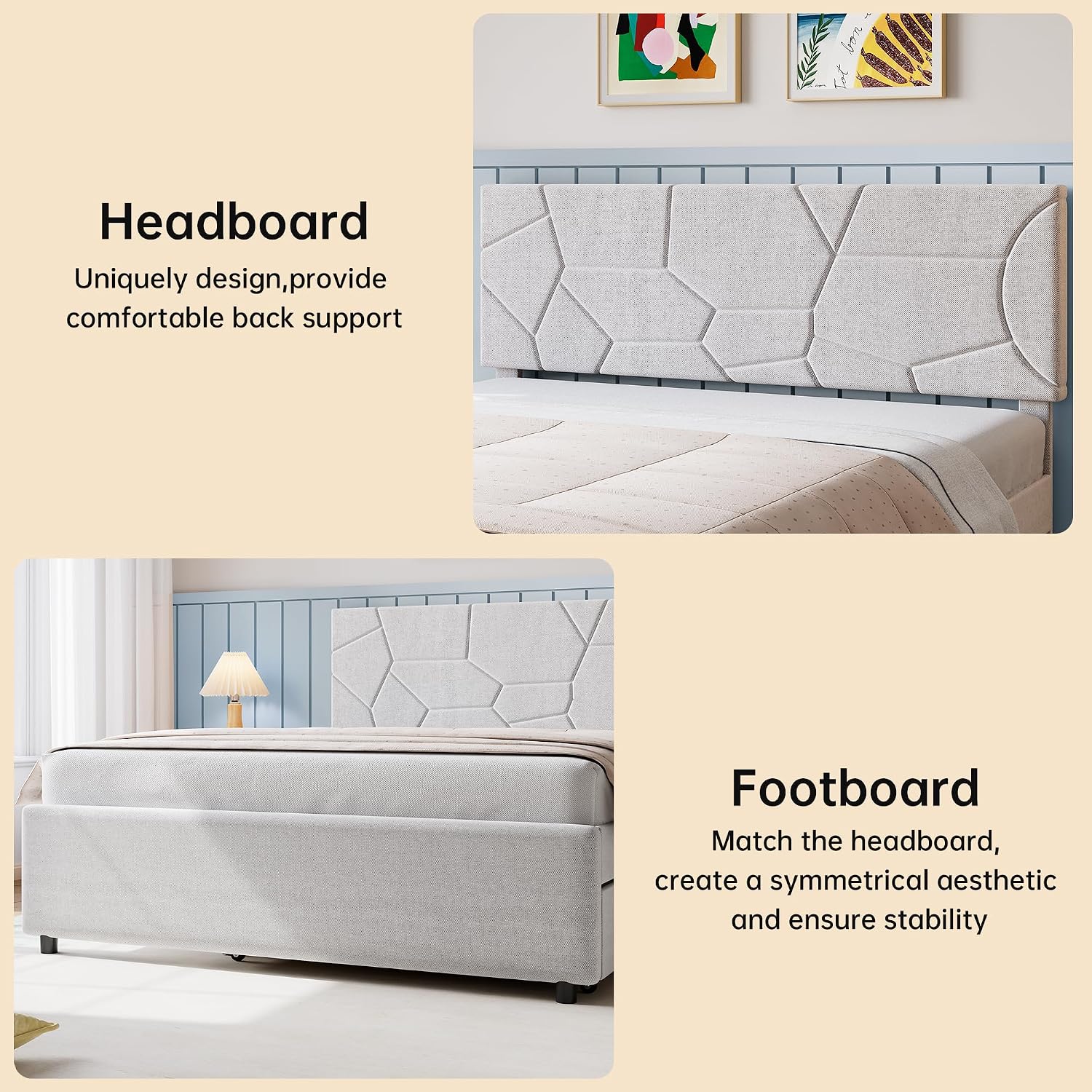 Garvee Queen Size Bed Frame with Trundle, Upholstered Platform Bed Frame with Headboard, Trundle Bed Twin, Wood Slat Support, for Bedroom, Living Room, Guest Room
