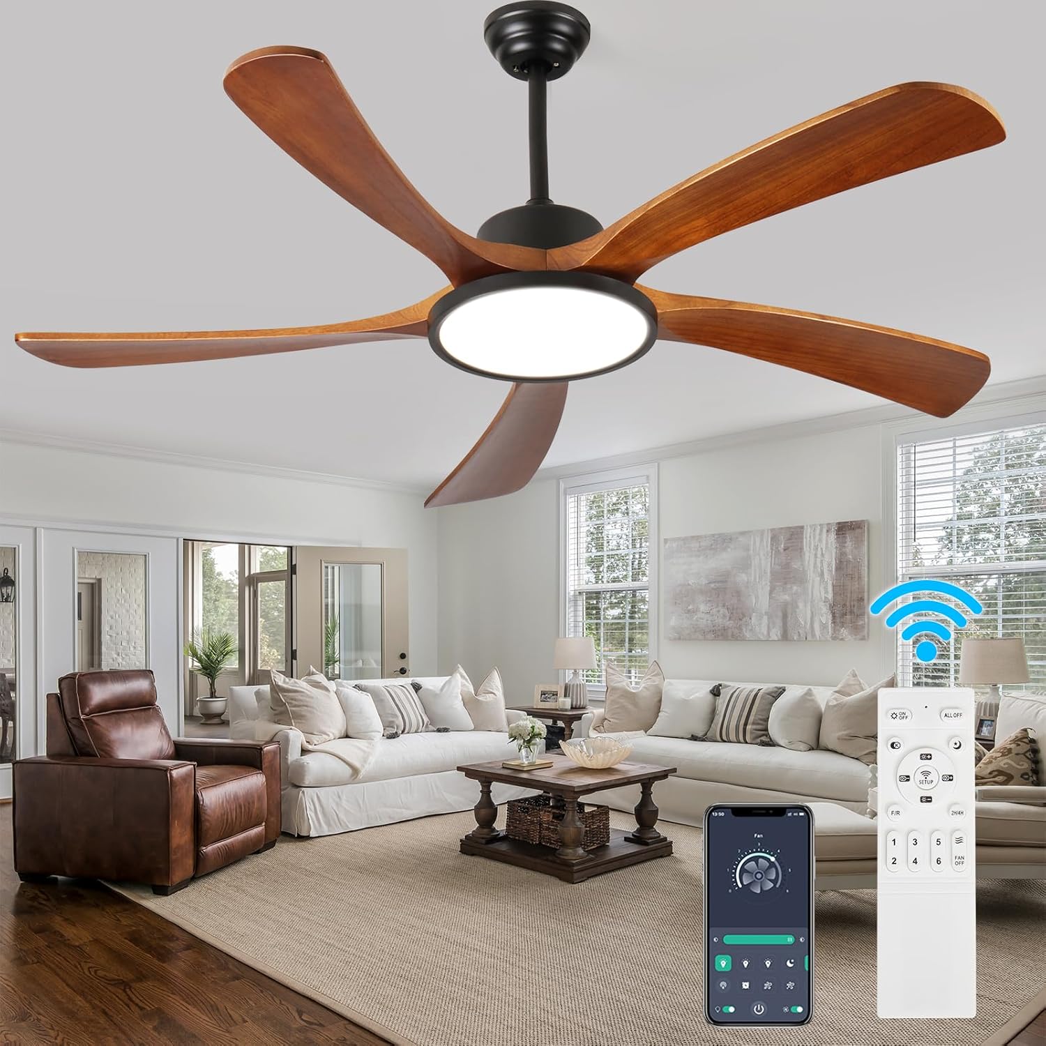 Wood Ceiling Fans with Lights and Remote Control LED Dimmable 52Inch Ceiling Fan DC Motor Reversible 5 Blade Wooden Ceiling Fans for Living Patio Matte Black
