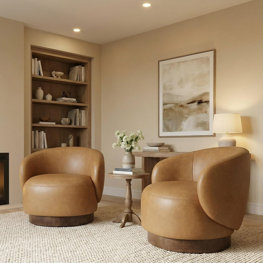KISLOT Swivel Accent Chair Modern Round Barrel Armchair with Upholstered Faux Leather for Living Room Bedroom Waitingroom,2 Box,Brown
