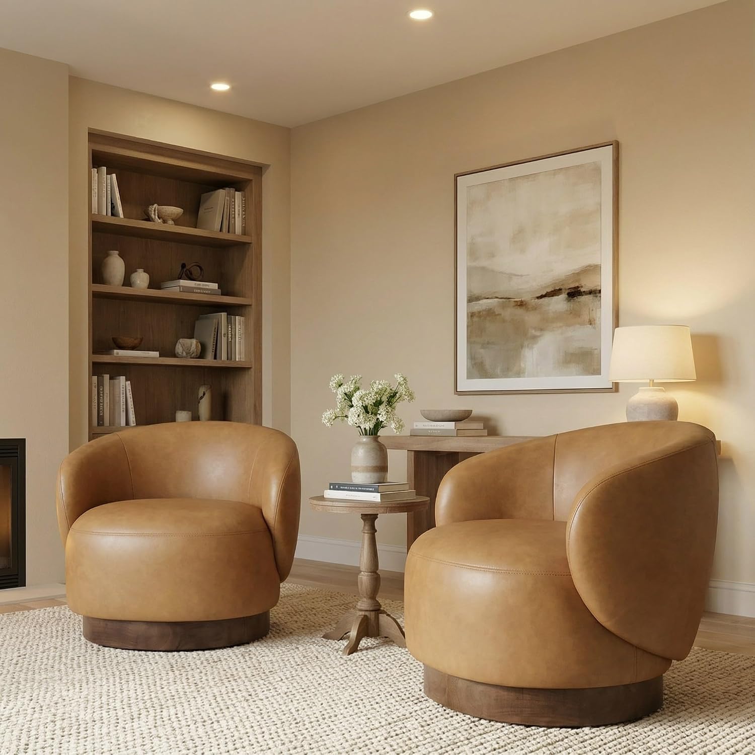KISLOT Swivel Accent Chair Modern Round Barrel Armchair with Upholstered Faux Leather for Living Room Bedroom Waitingroom,2 Box,Brown