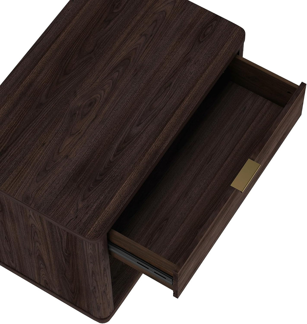 Manhattan Comfort Evelyn Set of 2 Nightstands with Drawer and Open Shelf Cubby, Minimalist Bedside Table with Rounded Corners and Raised Base, Modern Night Stand for Bedroom, or Living Room in Brown