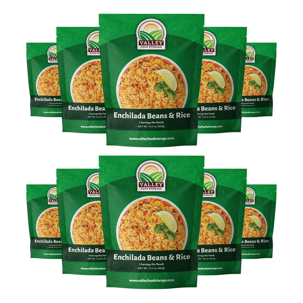 Valley Food Storage Enchilada Beans & Rice | 50 Servings Emergency Food Supply | Premium Survival Meals, 25 Year Shelf Life | Prepper Food, Camping & Off Grid Living Supplies (10 Bags + Bucket)