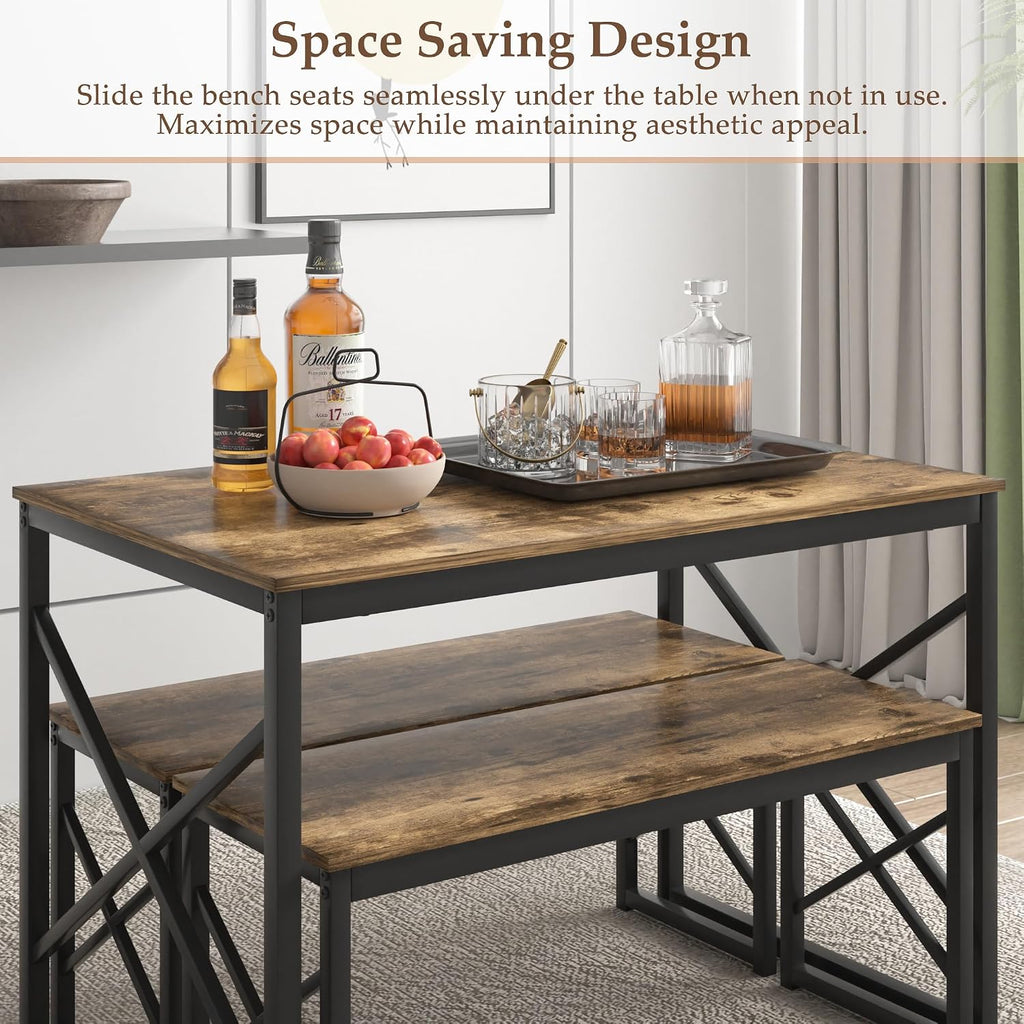 VECELO Kitchen Dining Table Benches Set for 4, 43.3' Wooden Dinette with 2 Benches, Heavy-Duty Dining Room Table for Small Space, Breakfast Nook, Brown