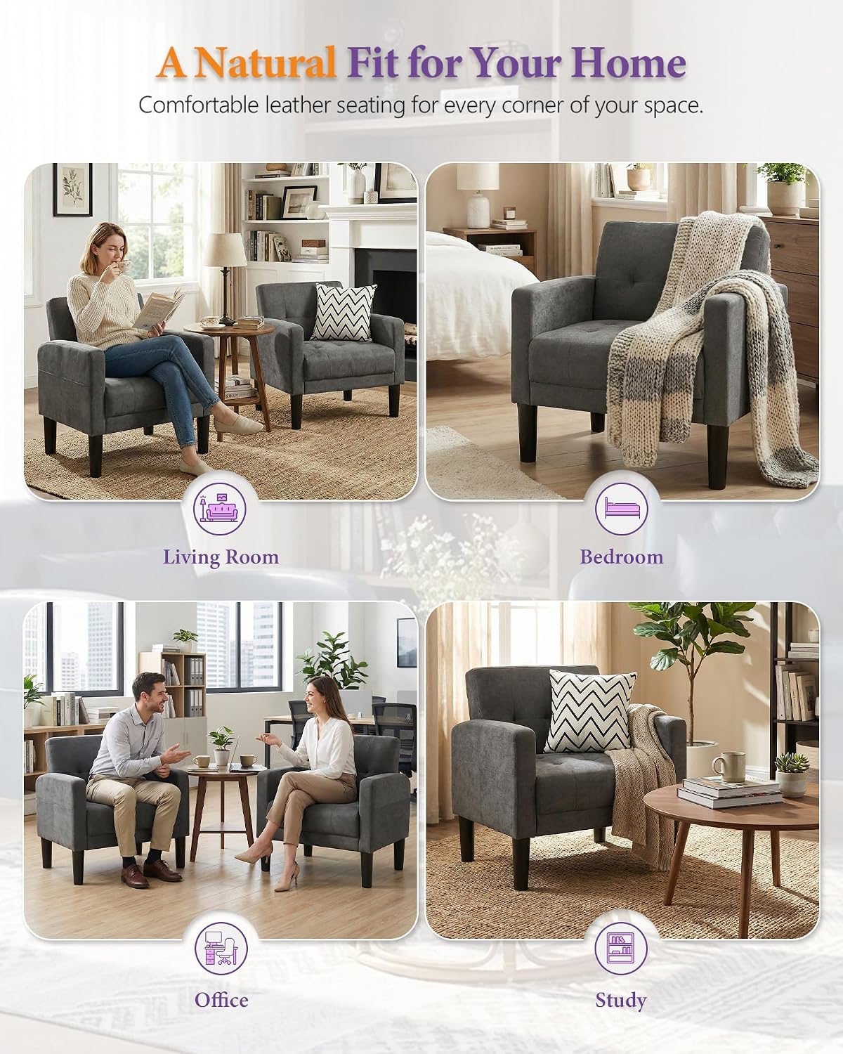 TYBOATLE Accent Chairs Set of 2 Living Room Chairs Cozy Tufted Mid Century Modern Accent Chairs with Arms for Bedroom Comfy Reading Arm Chair Small Chairs for Small Spaces Office (2, Dark Grey)