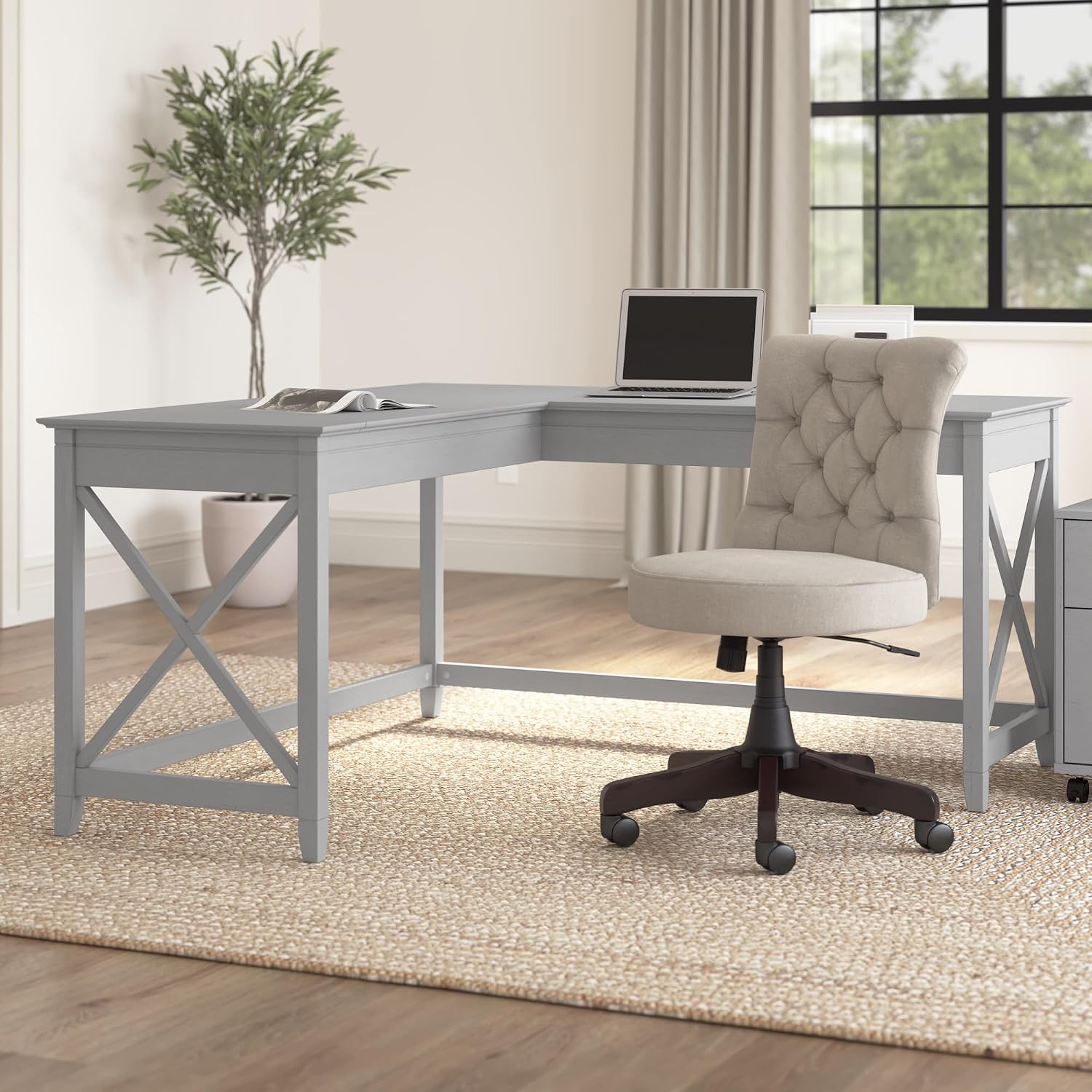 Bush Home Key West 60W Modern Farmhouse L Shaped Desk in Cape Cod Gray, 60-Inch Corner Computer Table for Home Office Workspace