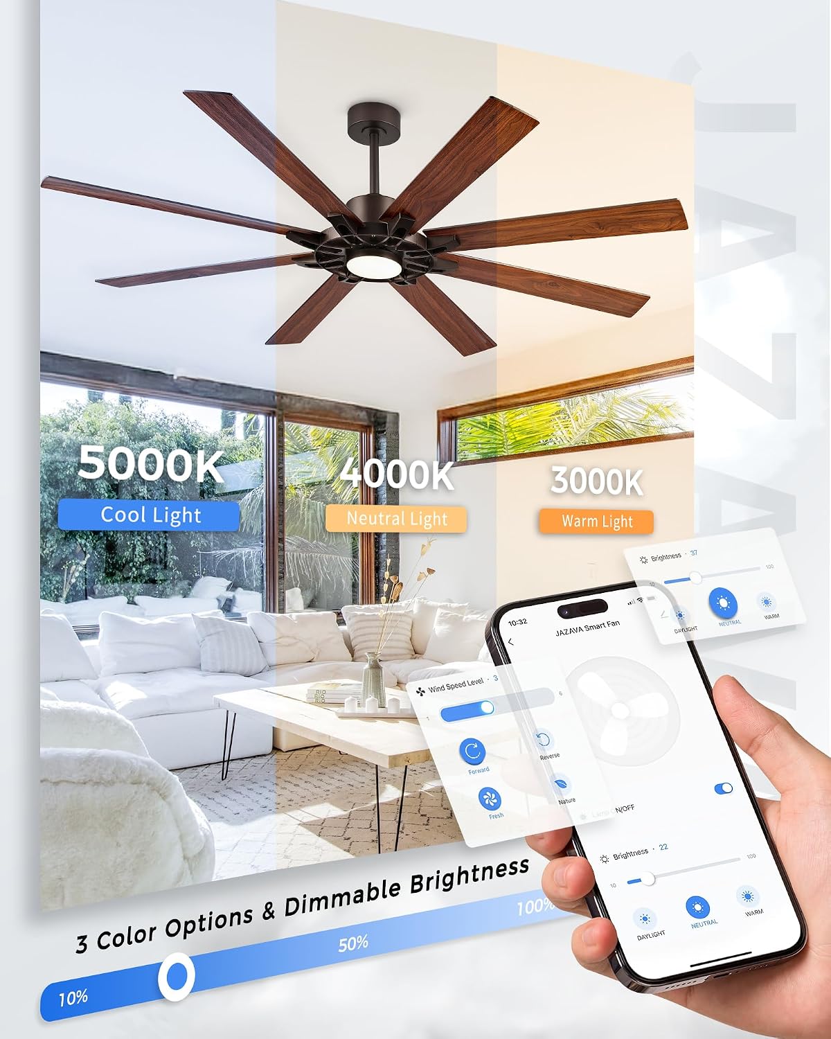72 Inch Ceiling Fan with Light,Smart Ceiling Fan with Alexa Control,Large Oil Rubbed Bronze Indoor Outdoor Ceiling Fan,Modern Quiet Fan with Dual Finish 8 Blades for Patio, ZCCF05ORB-72