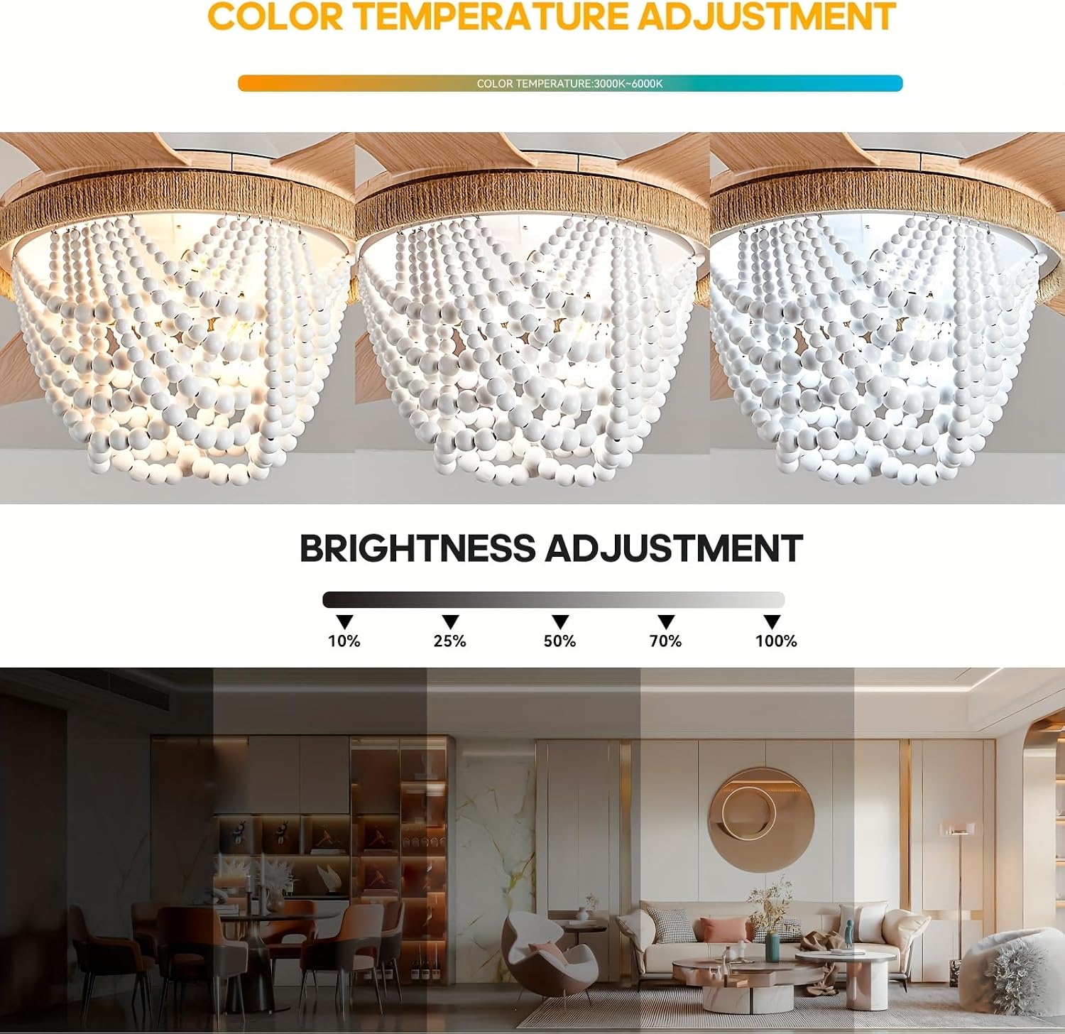 Boho Ceiling Fans with Lights and Remote, Wood Beaded 52 inch Ceiling Fan with Light,6 Speed Reversible Motor LED Flush Mount Ceiling Fans, Ceiling Fan Light for Bedroom Living Room(Wood Blades)