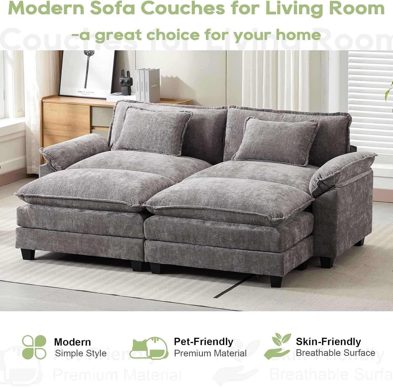 Oprisen 86' Modular Sectional Sofa, Comfy Cloud Couch Sectional Sofa with Ottomans, Chenille Sofa Sleeper Deep Seat Sofa with Throw Pillows for Living Room (Lgiht Grey)