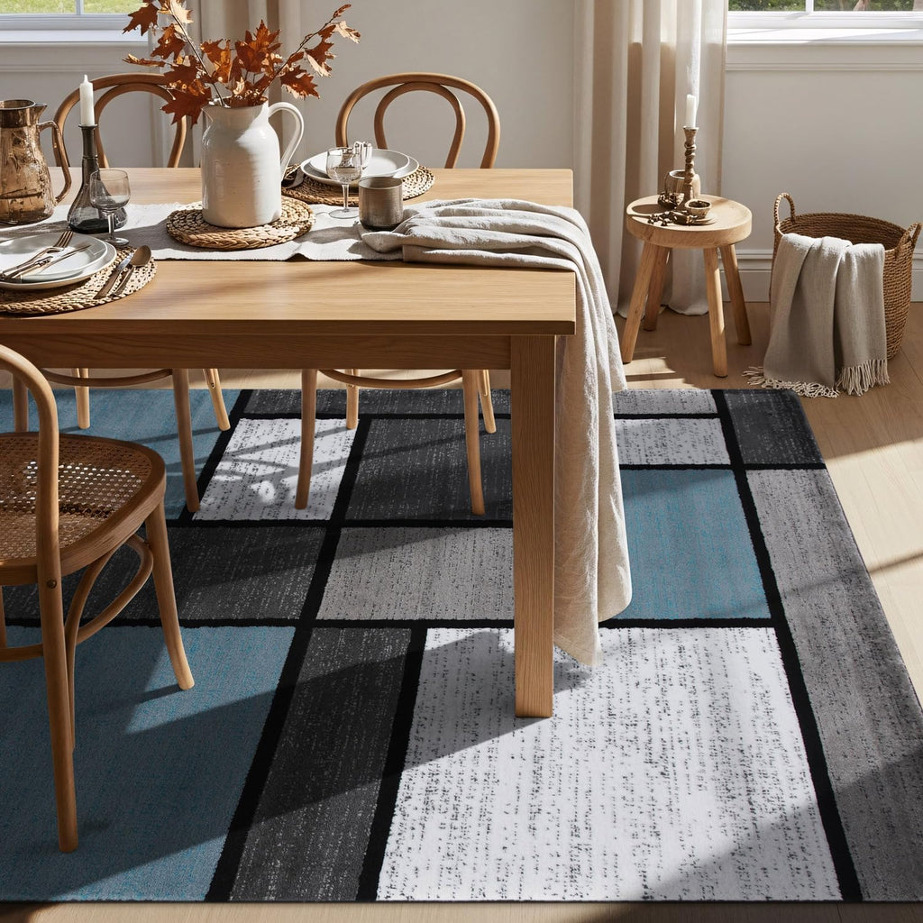 Rugshop Modern Geometric Blocks Area Rug, Non-Shedding Carpet with Abstract Patchwork Design for Living Room Bedroom or Home Office Blue Gray 6'6' x 9'