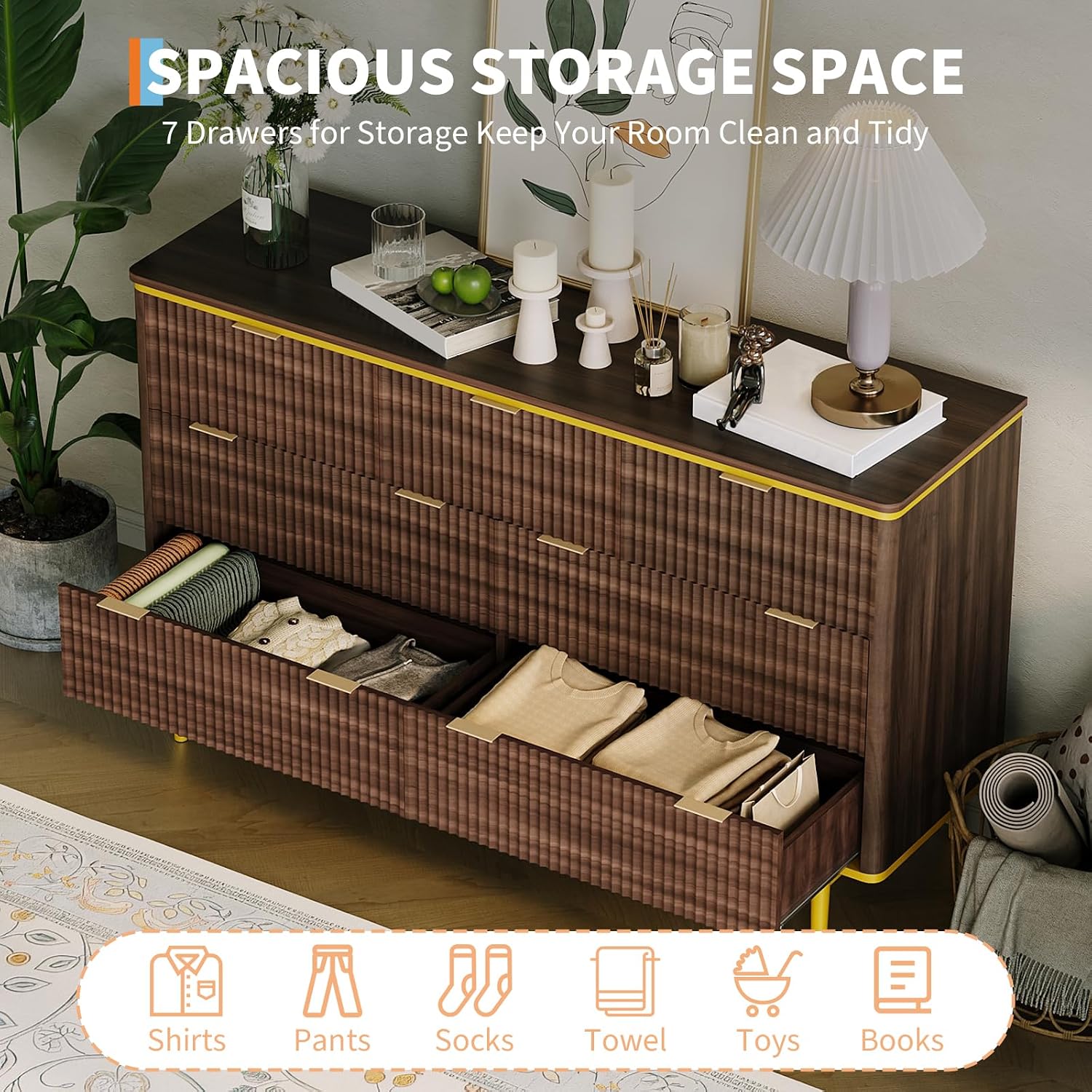 Garvee LED Dresser with Charging Station - Modern 5-Drawer 47' Wide Wooden Chest, Storage Organizer for Bedroom, Nursery, Hallway & Apartments