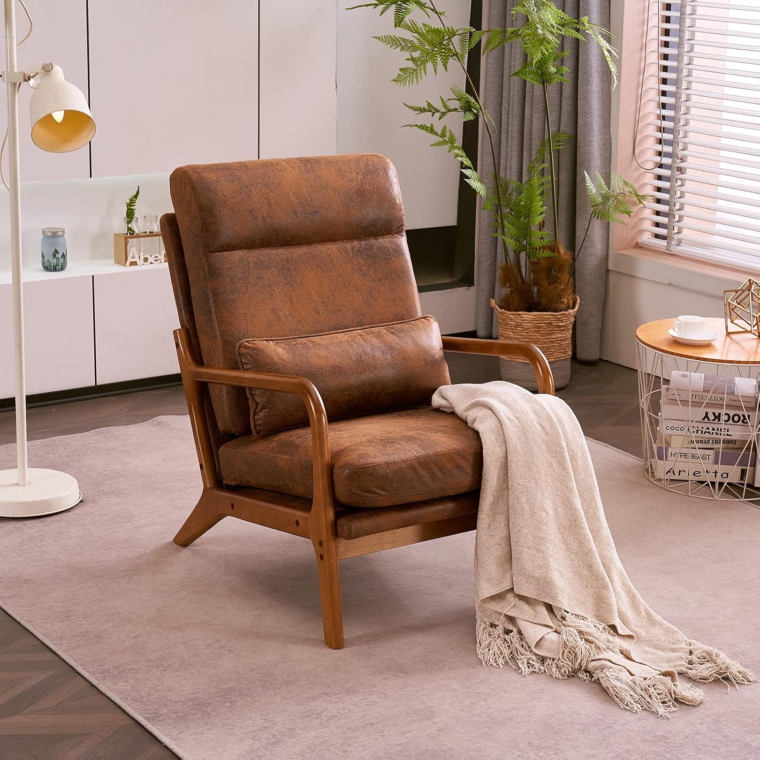 Karl home Accent Chair Mid-Century Modern Chair with Pillow High Back Bronzing Cloth Upholstered Lounge Arm Chair with Solid Wood Frame & Soft Cushion for Living Room, Bedroom, Balcony, Brown
