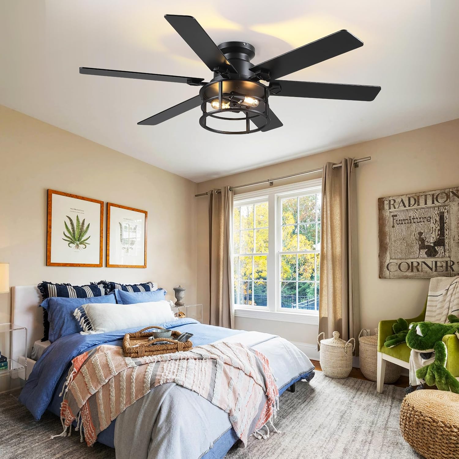 Hounberi 52' Caged Ceiling Fan with Lights and Remote, 6-Speed Quiet DC Motor & E26 Base, 6 Reversible Blades for Black & Wood, Modern Rustic Low Profile Ceiling Fans for Bedroom & Living Room
