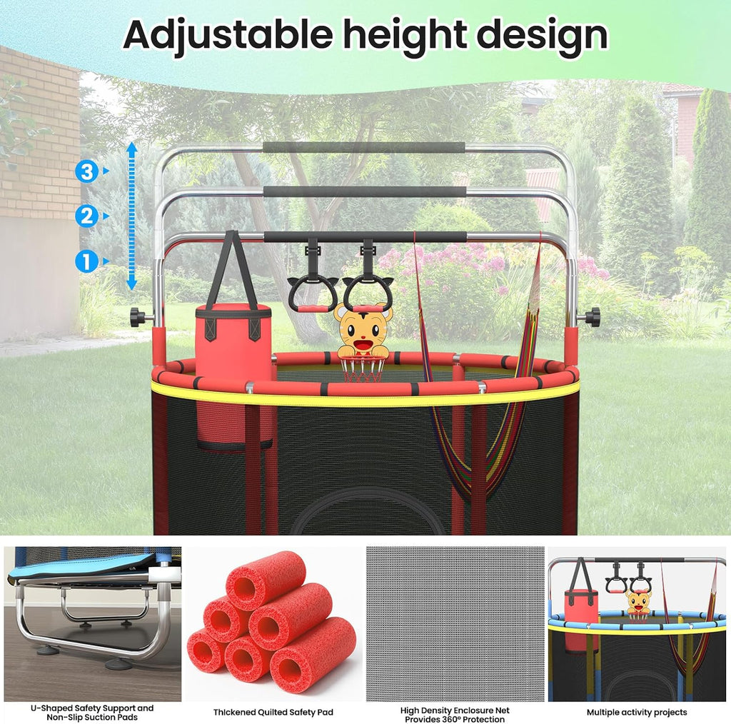 60' Trampoline for Kids,5FT Adjustable for Toddler Trampoline with Enclosure Net,Trampolines Indoor/Outdoor with Basketball Ball& Toys for Boys & Girls