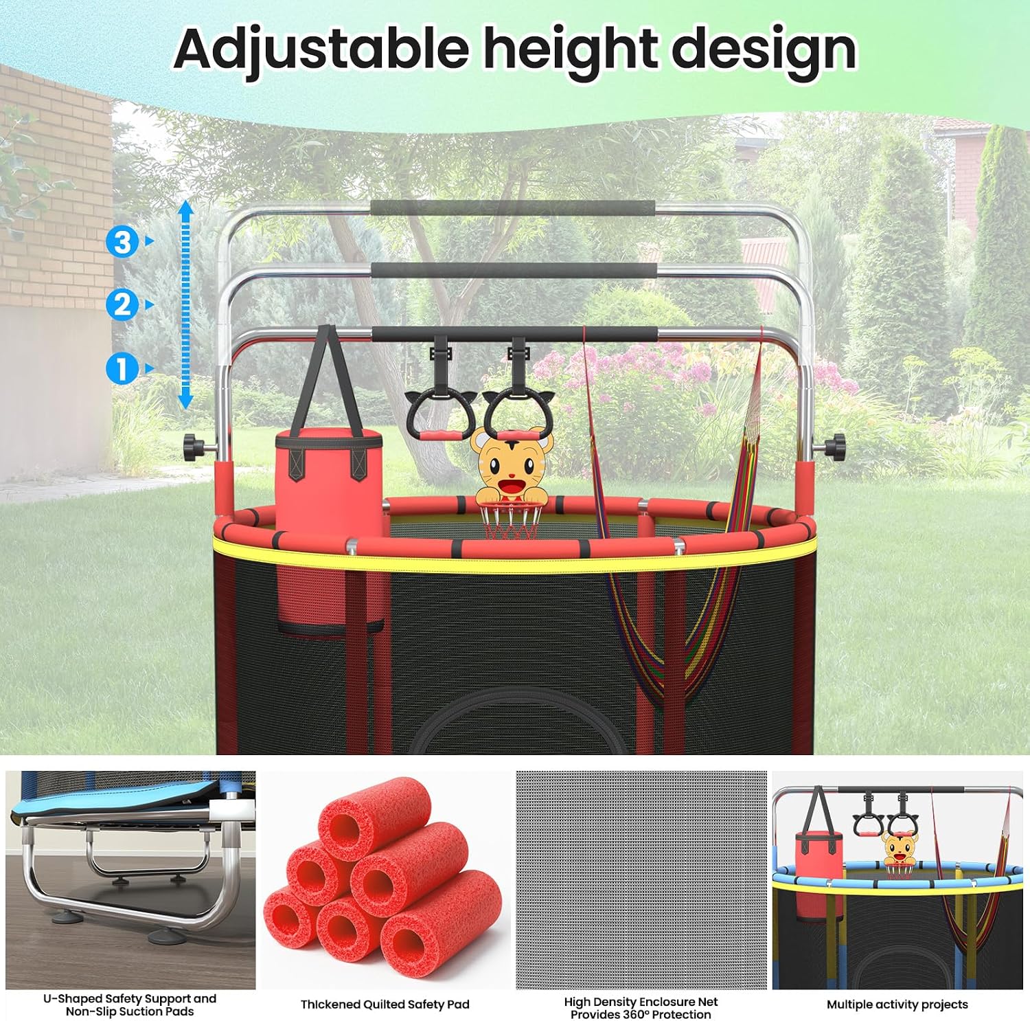 60' Trampoline for Kids,5FT Adjustable for Toddler Trampoline with Enclosure Net,Trampolines Indoor/Outdoor with Basketball Ball& Toys for Boys & Girls