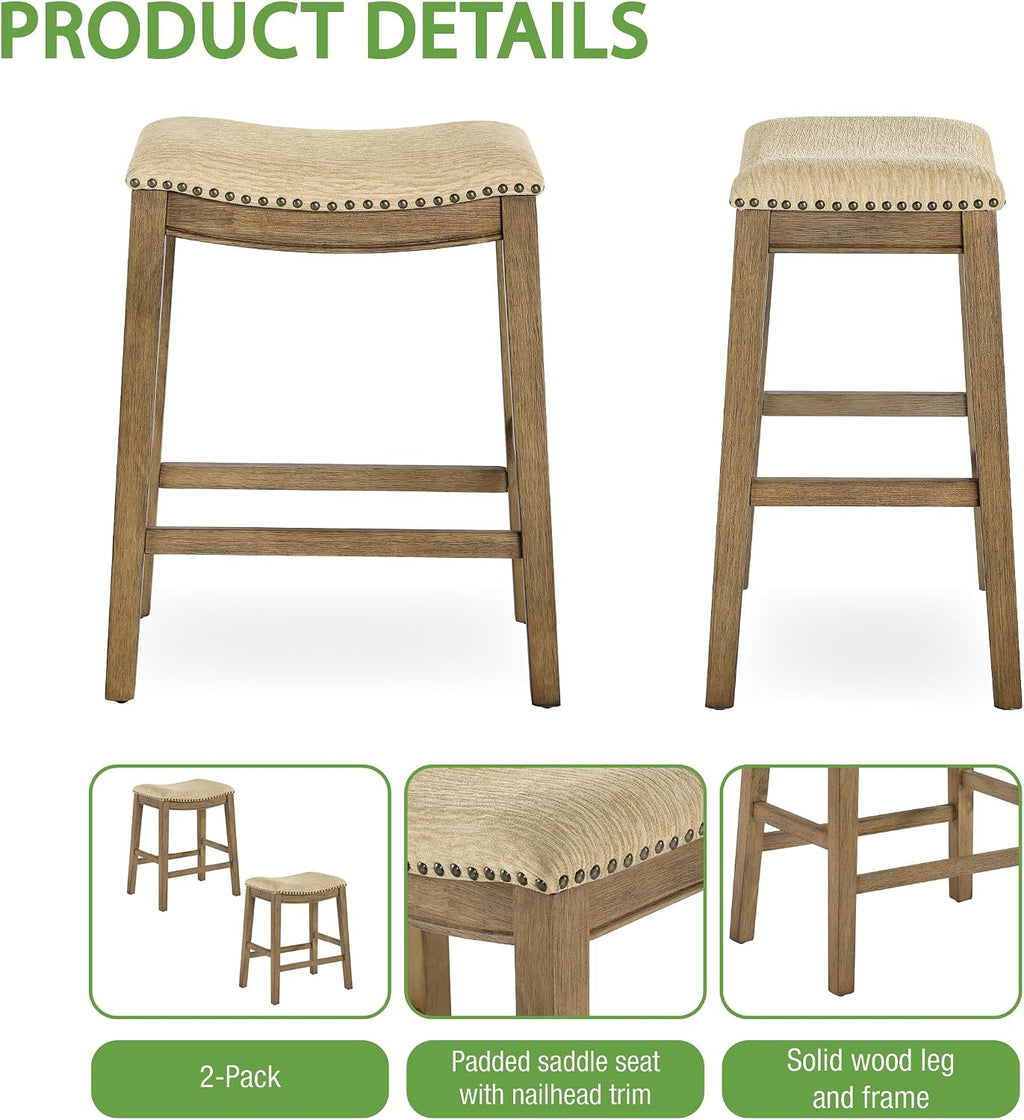 OSP Home Furnishings Metro Farmhouse Saddle Stool with Nailhead Trim, 2-Pack, 24-inch Counter Height, Medium Oak Frame with Camel Fabric