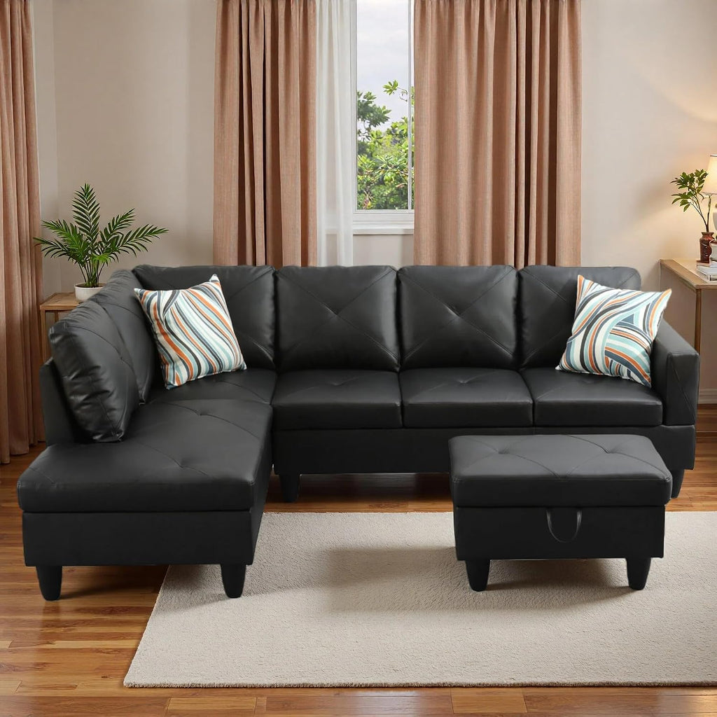 L-Shaped Sectional Sofa with Movable Chaise & Storage Ottoman, Leather 3-Piece Modular Convertible Couches for Living Room, Apartment & Office, Dark Black