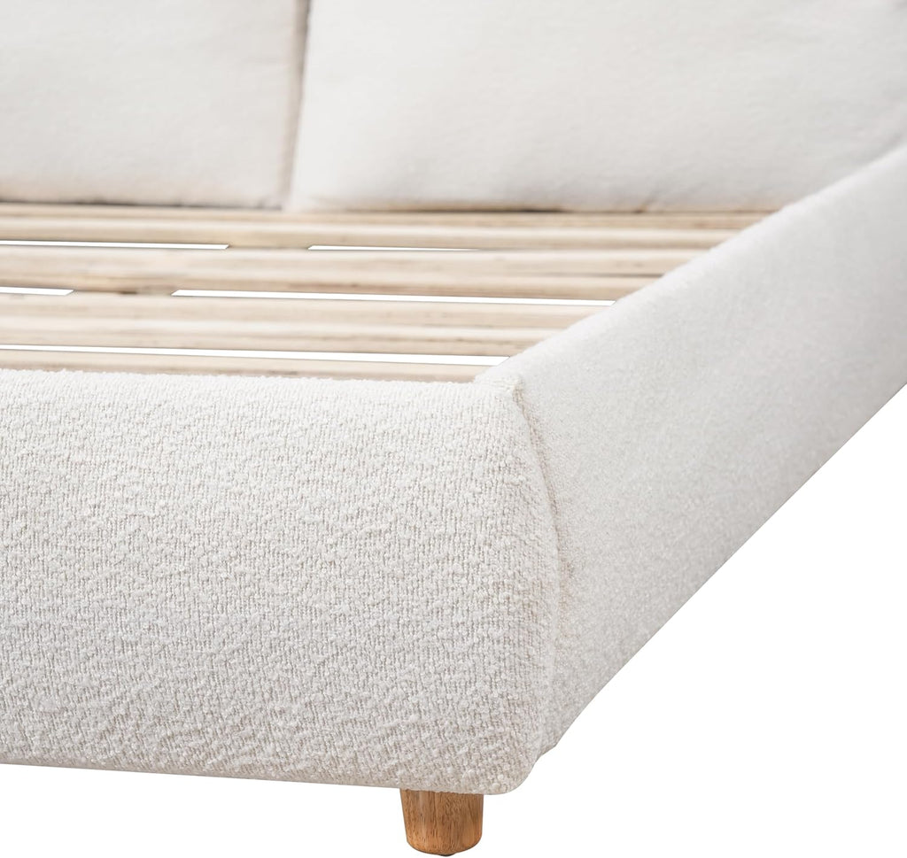 Christopher Knight Home Hazil Boucle California King Size Bed Frame with Headboard, Modern California King Bed Frame and Headboard, Wooden Slat Support, No Box Spring Needed, Easy Assembly, White