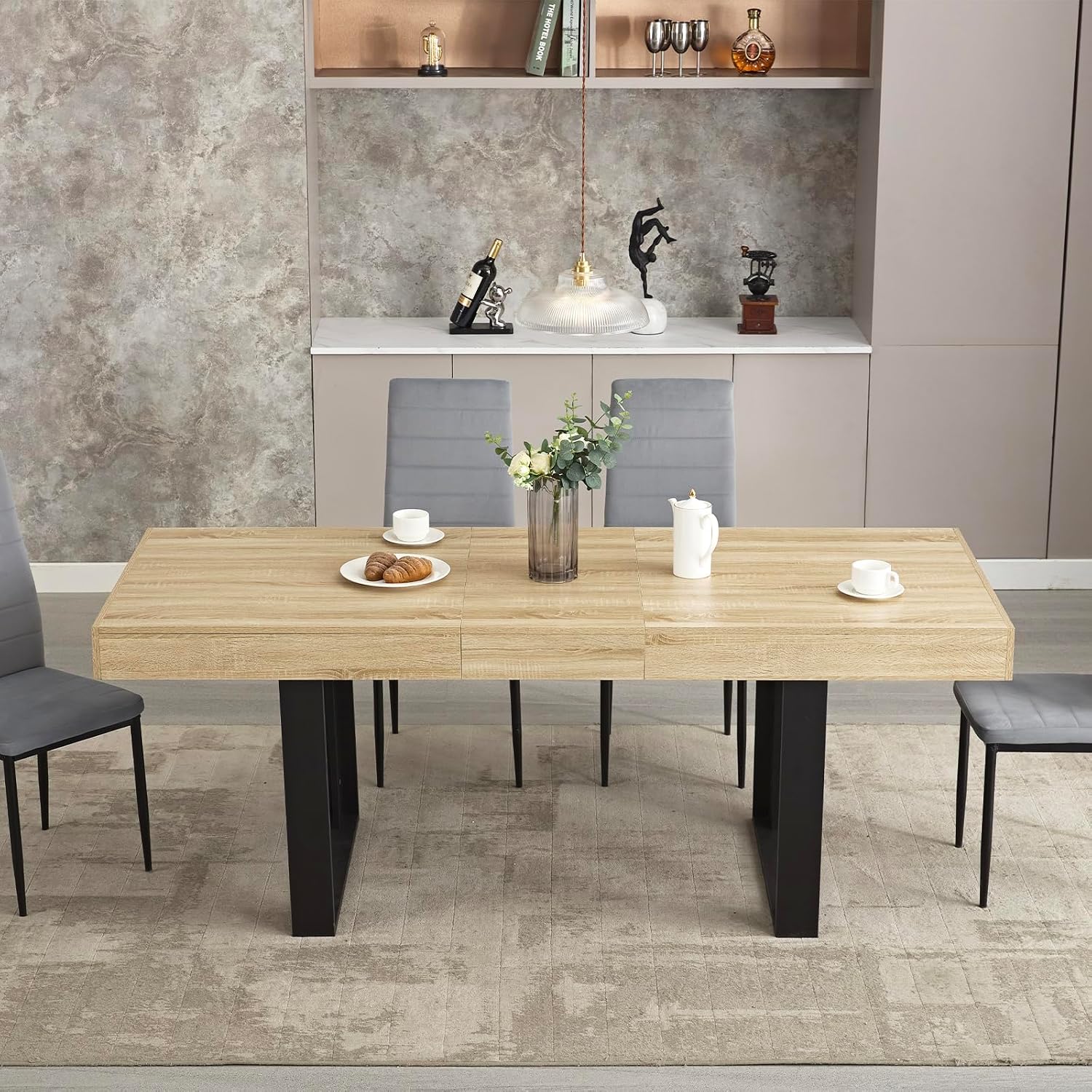STHOUYN 63'-79' Extendable Dining Room Table Desk for 6 8 10, Modern Rustic Kitchen Expanding Table, Wooden Long Large Expandable Dining Room Conference Table for Kitchens (Natural Oak)