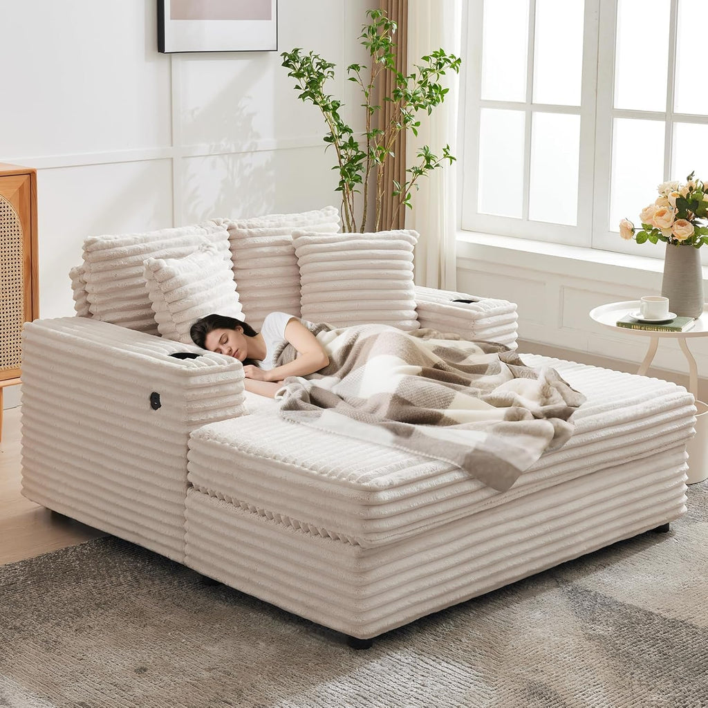 GarveeHome 60-inchOversized Chaise Lounge Chair Indoor, Comfy Corduroy Lounge Sofa with Charging Station, Cup Holders & Throw Pillows, Cozy Sleeper Couch for Living Room Apartments, Beige