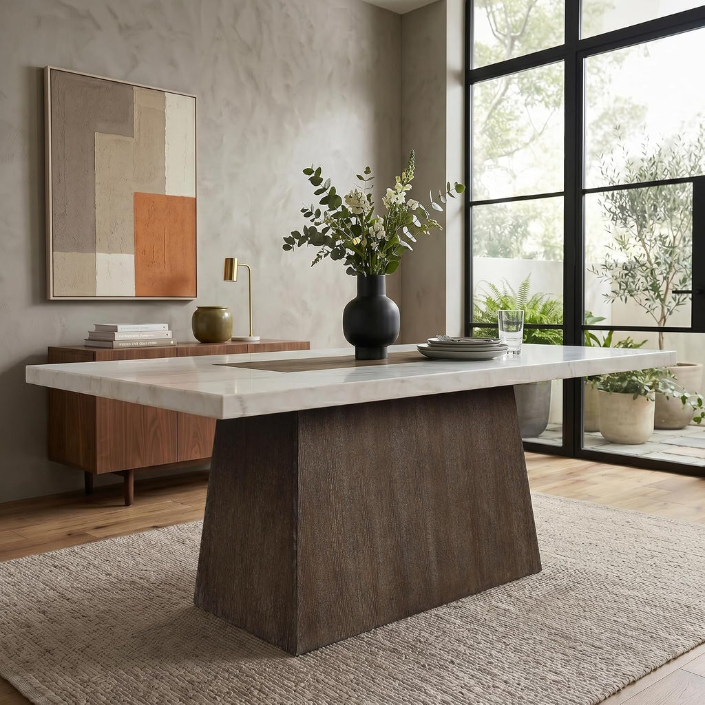 Furniture of America Rafferty Modern Solid Wood 70-inch Rectangle Dining Table with Genuine White Marble Tabletop and Tapered Pedestal Base, Seats up to 6, for Home Kitchen, Living Room, Dark Walnut