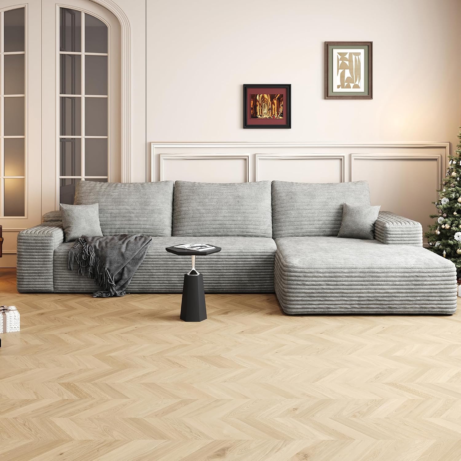 Eafurn Oversized L Shape Modular Sectional Sofa with Right Facing Chaise Lounge,Wide Deep Seat Compressed Corner Couch,Minimalist Corduroy Upholstered Boneless Lounge Sofa Couch