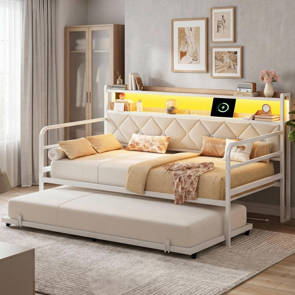 LIKIMIO Twin Daybed with Trundle, 700lbs Capacity, LED Lights & Charging Station, Twin Bed Frame with Storage, Convertible Sofa Bed for Bedroom, Living Room, White