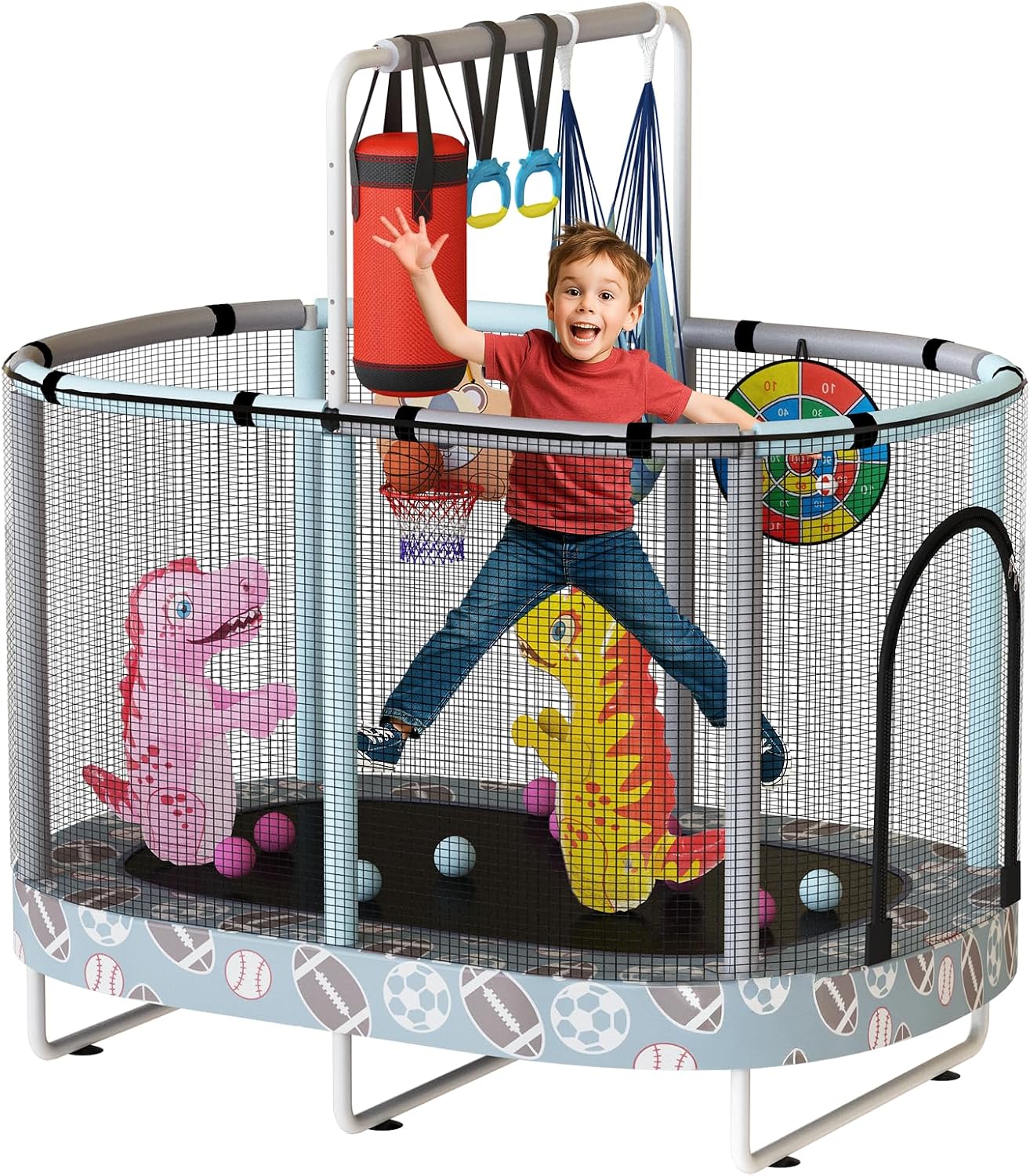 LAMERGE 55' 7-in-1 Round Trampoline for Kids Boys & Girls Ages 1-8, Indoor & Outdoor Trampoline for Fun, Adjustable Height Handrail ＆ Enclosed Safety Net ＆ Durable Designs for Toddlers Children