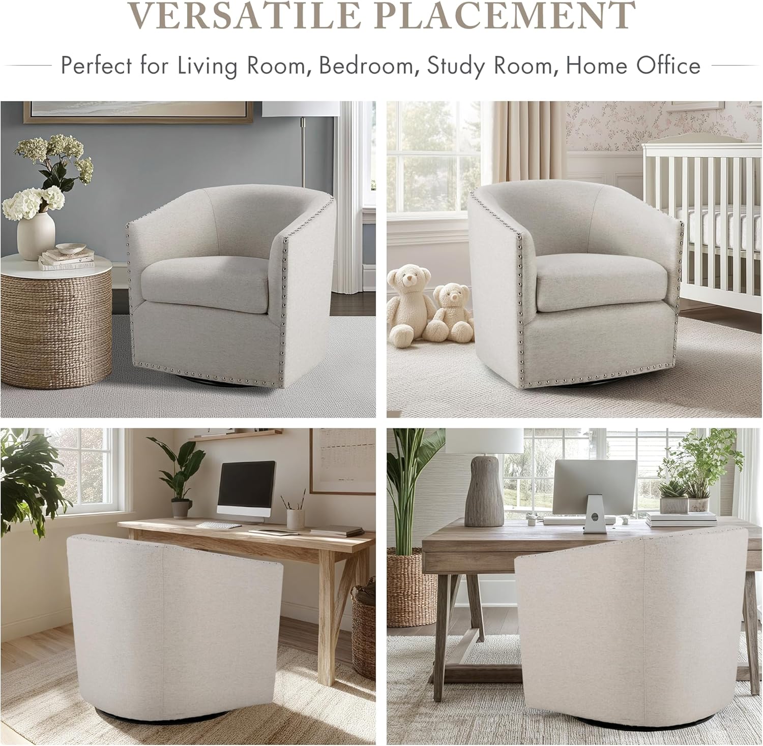 Madison Park Swivel Barrel Accent Chair, Upholstered Curved Back with 7-Inch Thick Woven Cushion, 360° Swivel, Nailhead Trim, Comfy Chair for Living Room, Bedroom, Office, 28' Wide, Neutral, Tyler