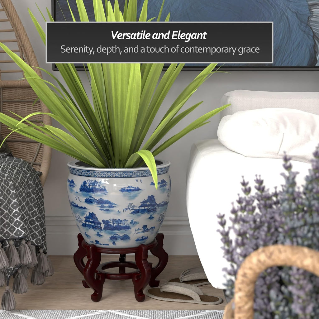 Red Lantern 14' Landscape Blue & White Porcelain Fishbowl Planter or Cachepot for Indoor/Outdoor Use in Garden Entryway Living Room Boho Eclectic Modern Contemporary Classic Traditional Style Decor