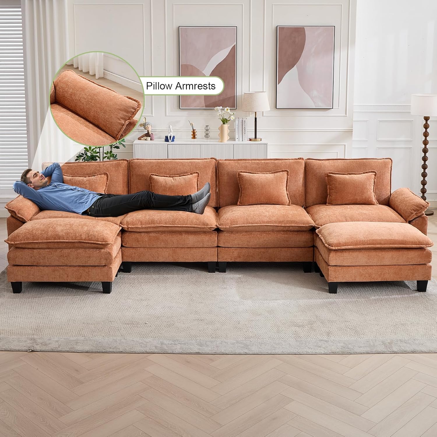 Oprisen 154' Modular Sectional Sofa, Comfy Cloud Couch Sectional Sofa with Ottoman, Chenille Sofa Sleeper Deep Seat Sofa with Throw Pillows for Living Room (Orange, 154'- U Shape)