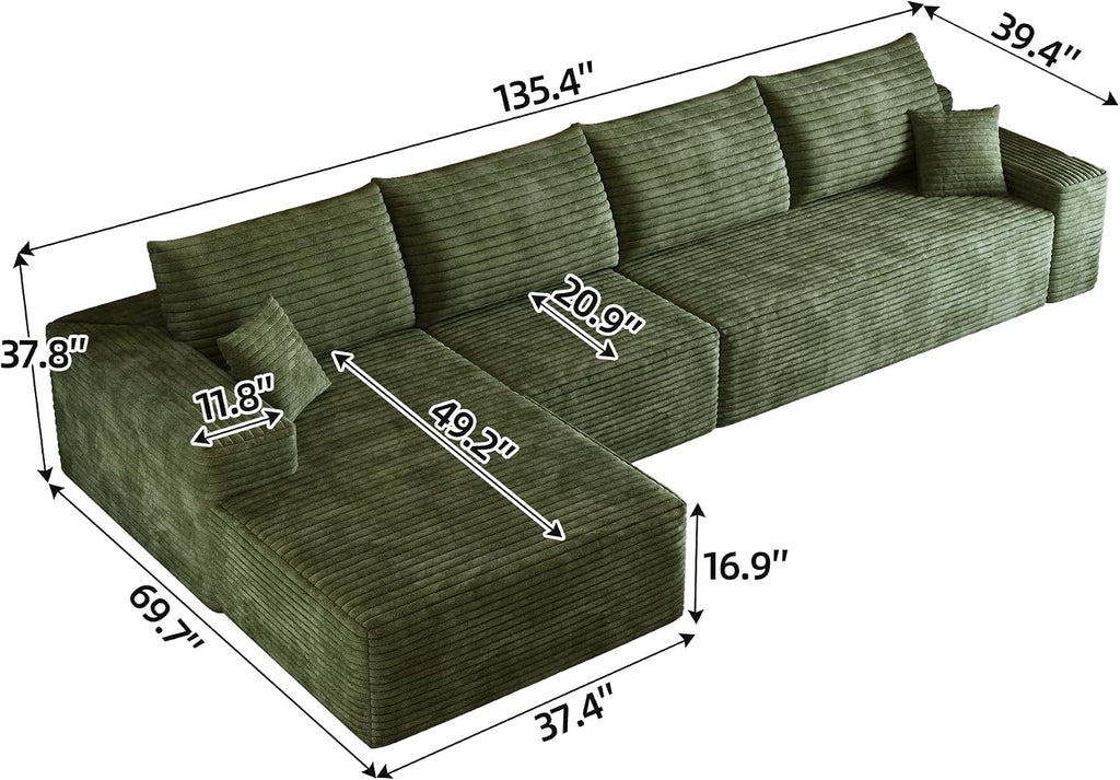 135' Oversized Compressed Sectional Sofa - 33D High-Density Foam Cloud Couch with Deep Seat - Minimalist 3-Piece Corduroy Upholstered Boneless Modular Lounge Couch