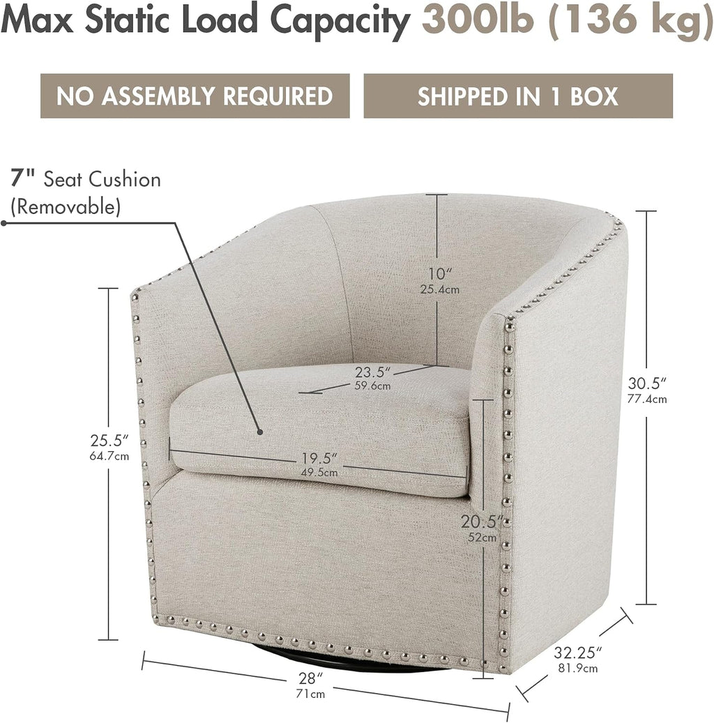 Madison Park Swivel Barrel Accent Chair, Upholstered Curved Back with 7-Inch Thick Woven Cushion, 360° Swivel, Nailhead Trim, Comfy Chair for Living Room, Bedroom, Office, 28' Wide, Neutral, Tyler