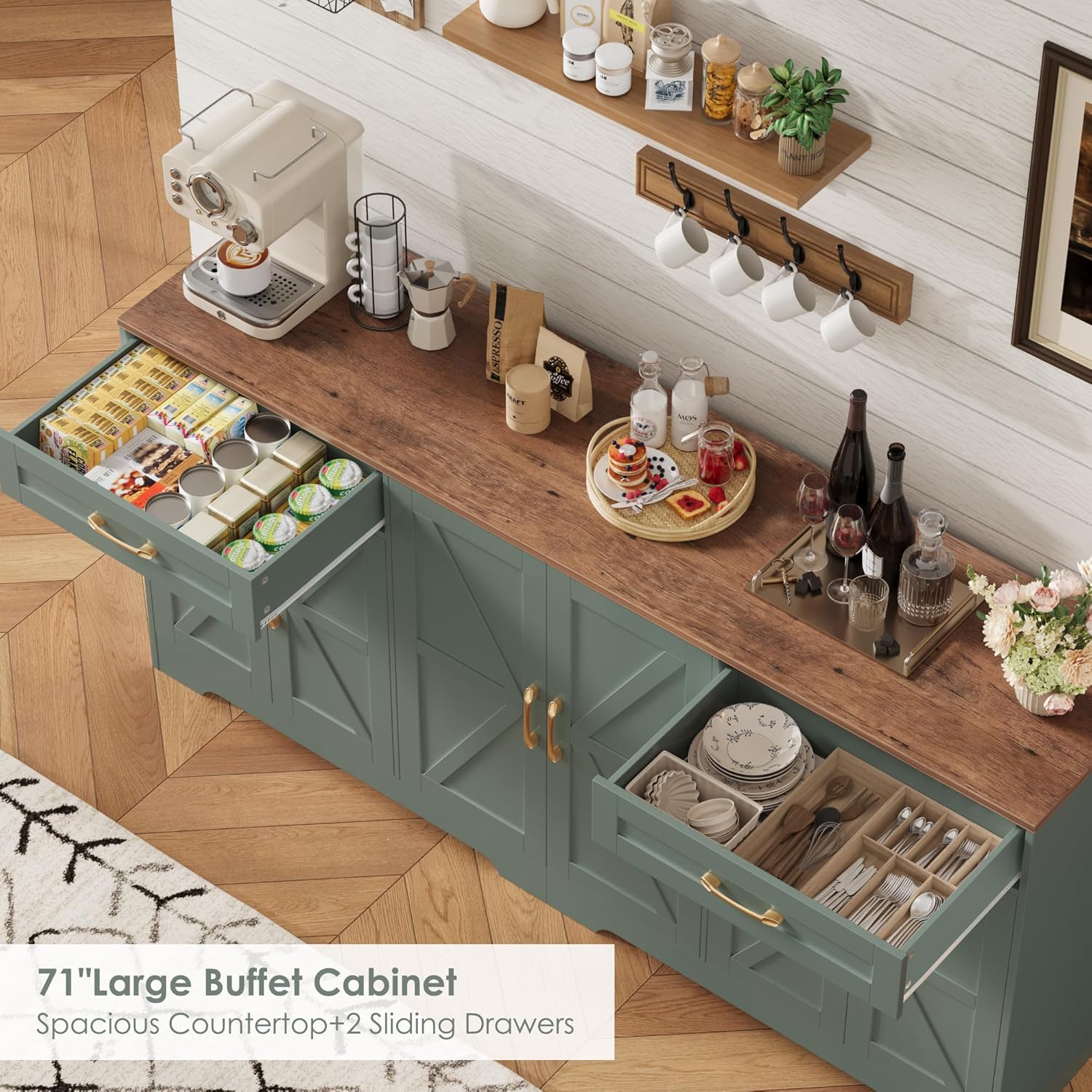 BOTLOG 71' Large Sideboard Buffet Cabinet with Storage, Farmhouse Kitchen Buffet Cabinet with Adjustable Shelves and 6 Barn Doors, Wood Coffee Wine Bar Console Table for Kitchen, Dining Room, Green