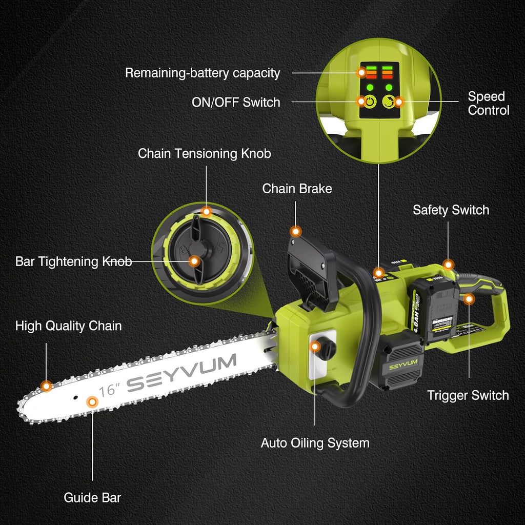 40V 16 Inch Chainsaw with 2 x 4.0Ah Batteries for Tree Felling, Firewood Cutting, Pruning
