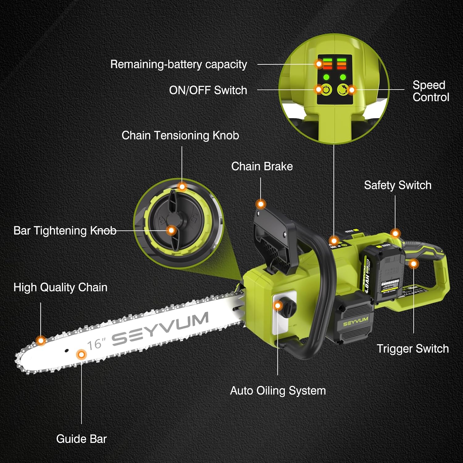 40V 16 Inch Chainsaw with 2 x 4.0Ah Batteries for Tree Felling, Firewood Cutting, Pruning