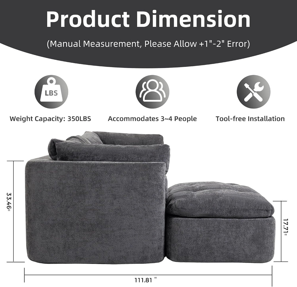 Tufted Cushions Cloud Sectional Boneless Sectional Sofa with Movable Ottoman, 112' Oversized Modular Convertible L Shaped Corner Couch with Deep Seat,Memory Foam Compressed Sofa