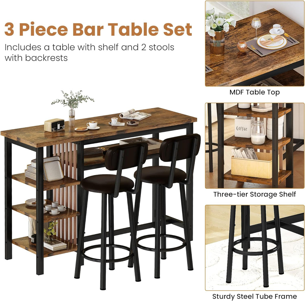 Recaceik 3 Piece Bar Dining Table Set, Modern Bar Table and Stools for 2, Kitchen Counter Height Dining Table Set with 4 Storage, Breakfast Nook Set Pub Table with Backrest