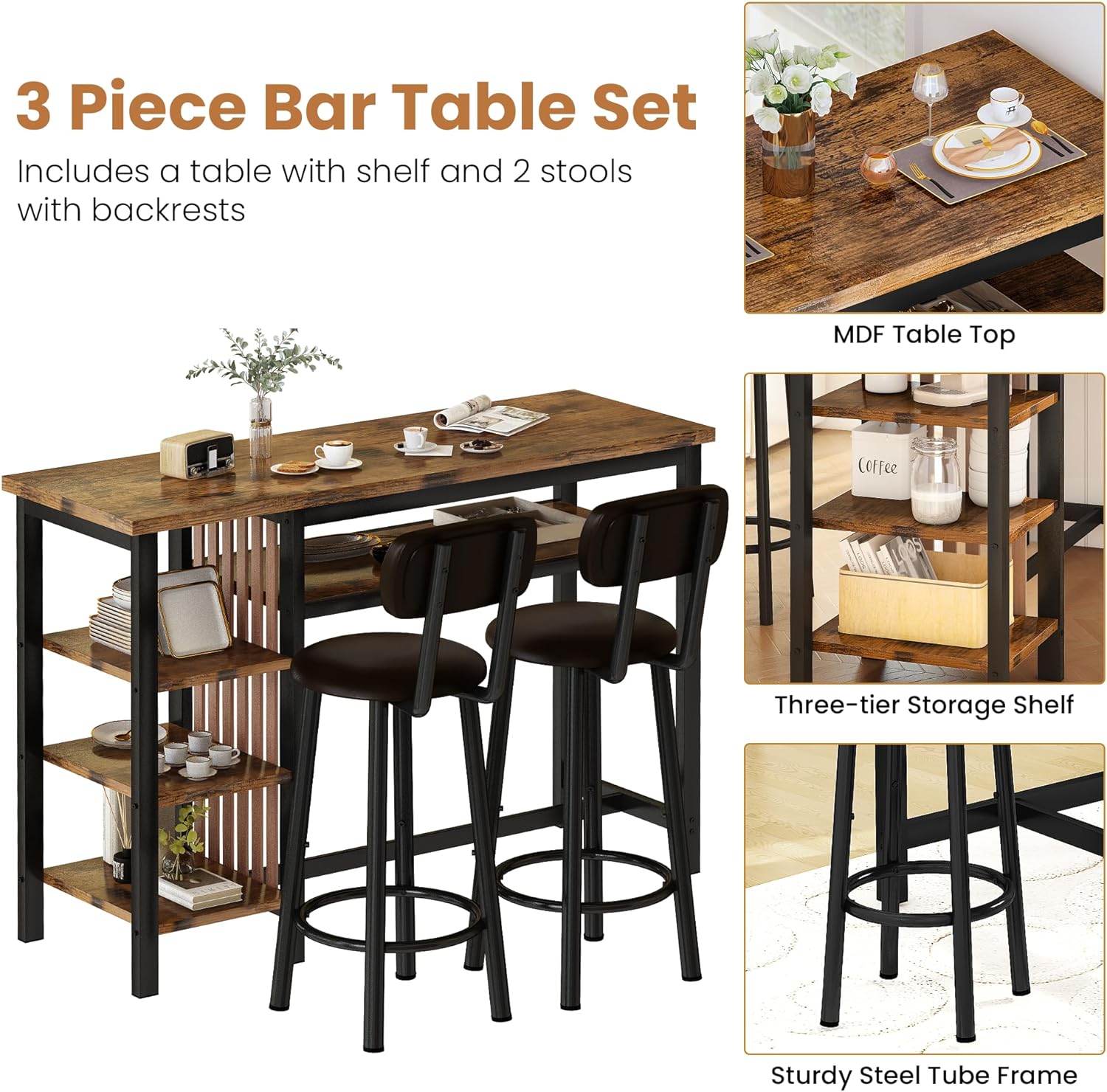 Recaceik 3 Piece Bar Dining Table Set, Modern Bar Table and Stools for 2, Kitchen Counter Height Dining Table Set with 4 Storage, Breakfast Nook Set Pub Table with Backrest