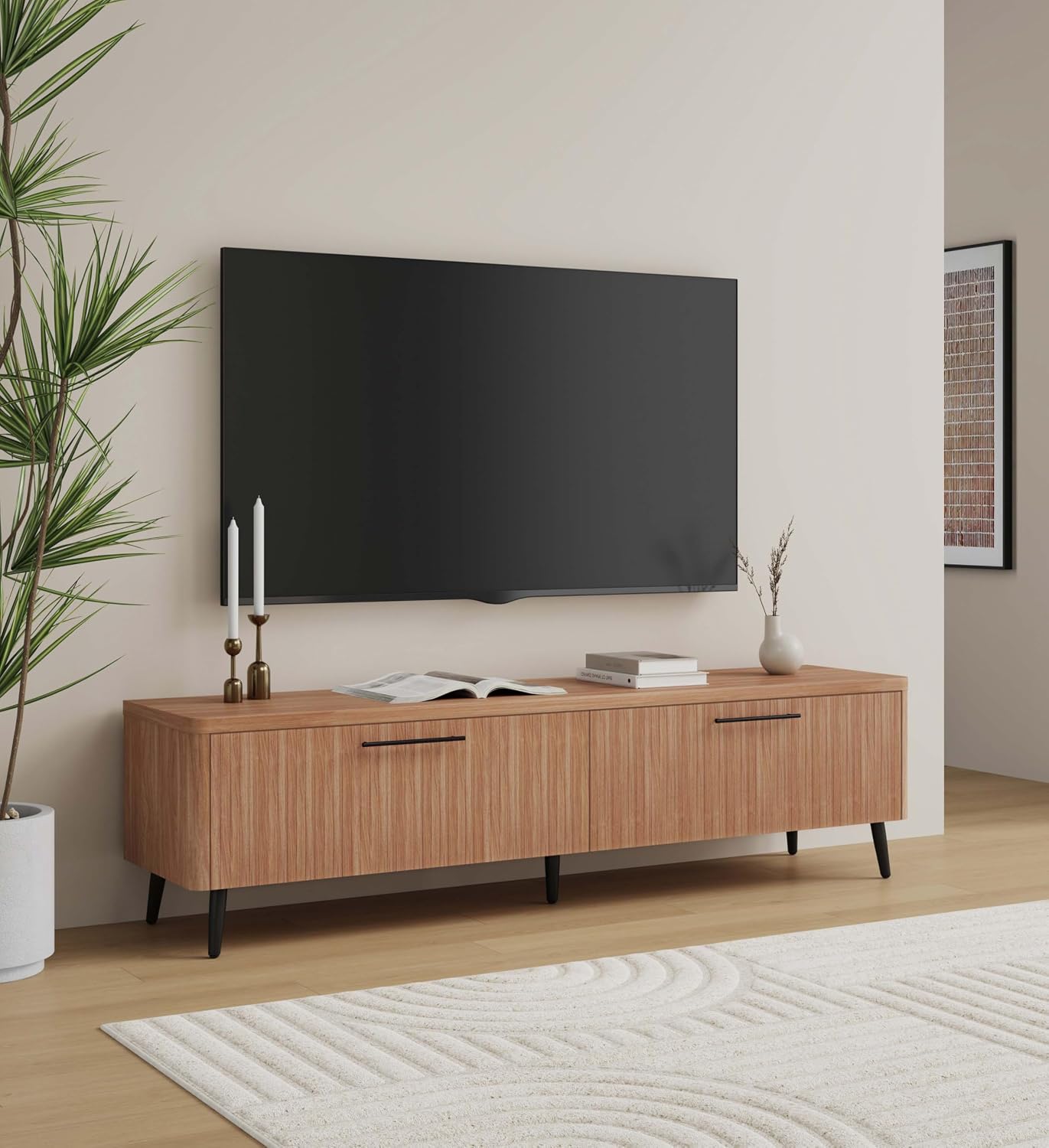 Manhattan Comfort Jodie 69' TV Stand with Wood Ribbed Drawers, Mid Century Modern Console Table for Televisions up to 60', Entertainment Center Storage Solution for Living Room, Maple