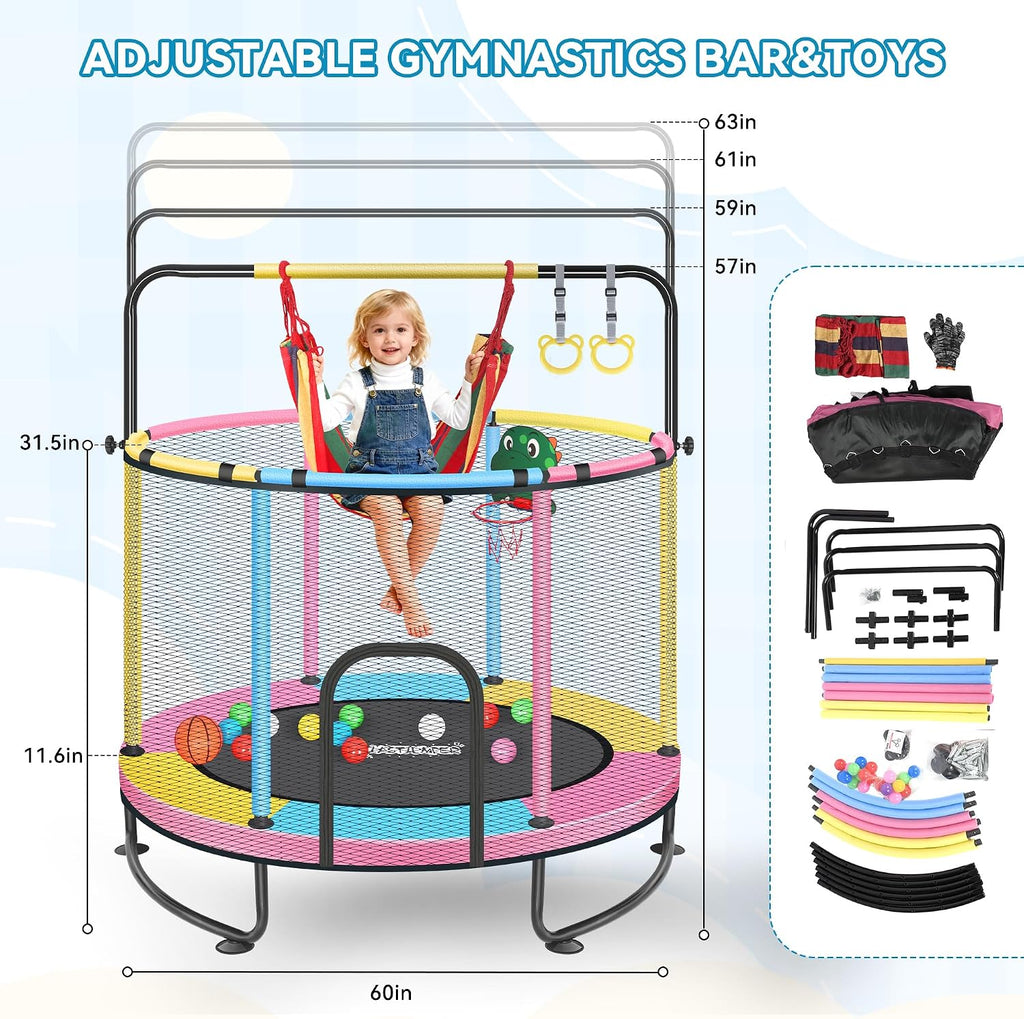 Mini Trampoline for Kids & Toddlers, Ages2-10 | Indoor & Outdoor, with Safety Enclosure Net, Basketball Hoop & Ocean Balls, Birthday Gift for Boy,Girl