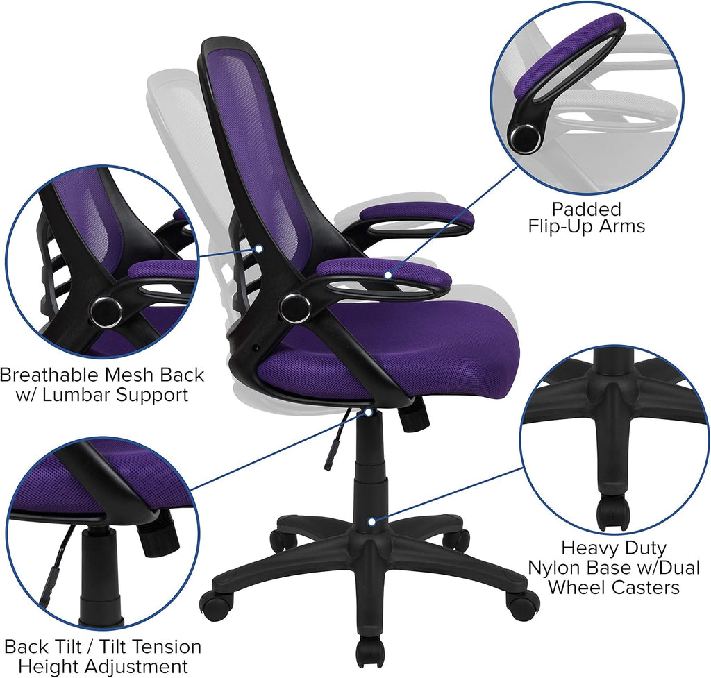 Flash Furniture Porter High-Back Swivel Office Chair with Adjustable Lumbar Support and Seat Height, Ergonomic Mesh Desk Chair with Flip-Up Armrests, Purple/Black