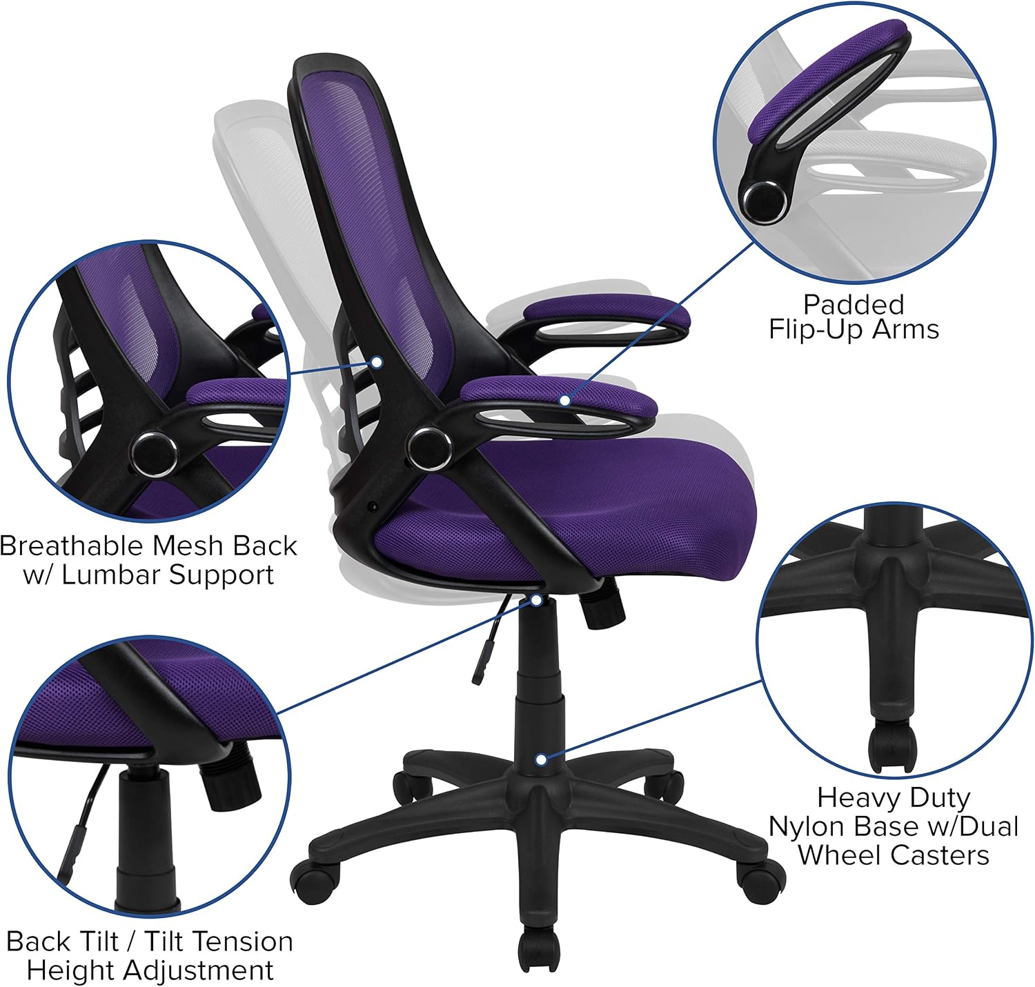 Flash Furniture Porter High-Back Swivel Office Chair with Adjustable Lumbar Support and Seat Height, Ergonomic Mesh Desk Chair with Flip-Up Armrests, Purple/Black