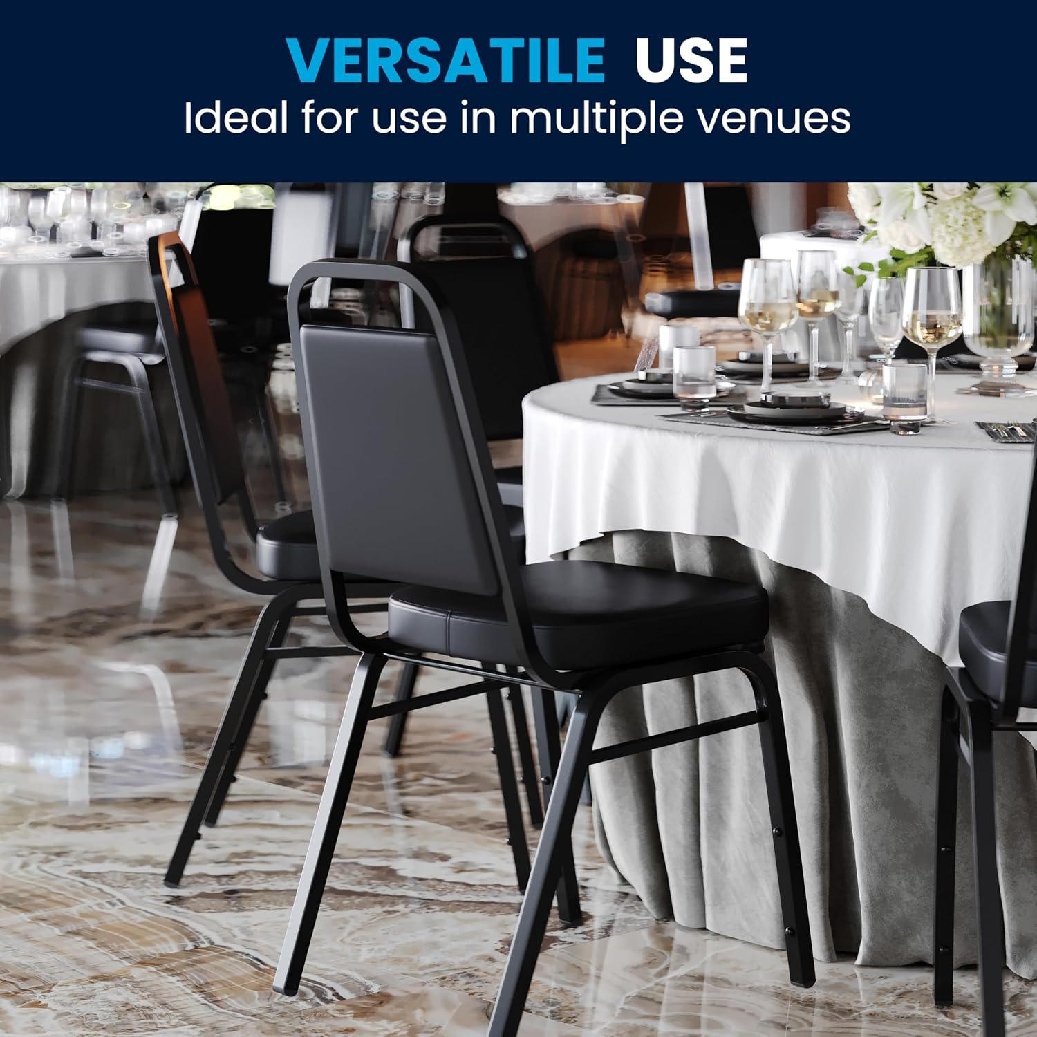 Flash Furniture Hercules Set of 4 Trapezoidal Vinyl Stacking Chairs, Commercial Stackable Chairs with Padded Seats and Backs, Black