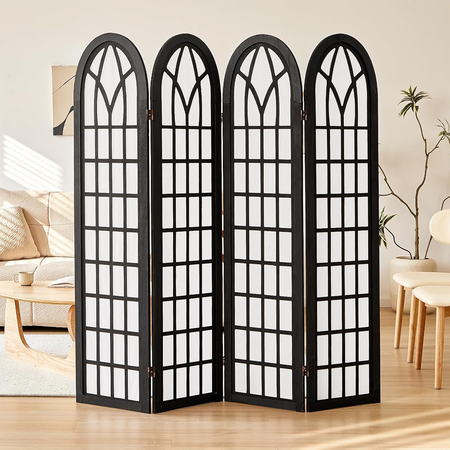 Room Divider and Folding Privacy Screen, 4 Panel Japanese Shoji Style Room Divider, Partition Divider for Room Separation, Portable Decoration Screen for Home Office Restaurant - Black