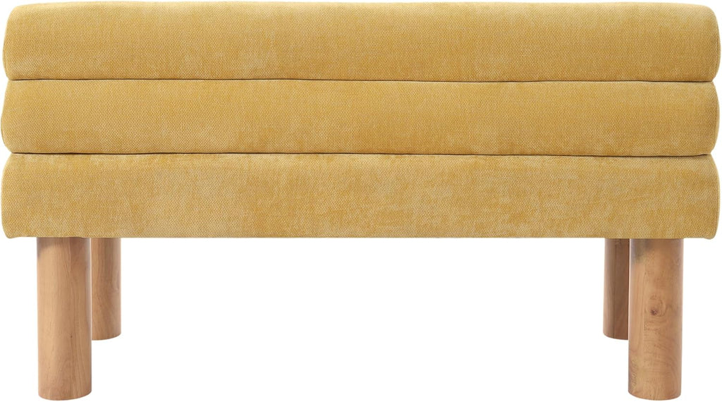 Christopher Knight Home Wally Fabric Upholstered Dining Bench, Long Dining Room Chair, Wooden Entryway Bench, Bedroom End of Bed Bench, Yellow+Natural