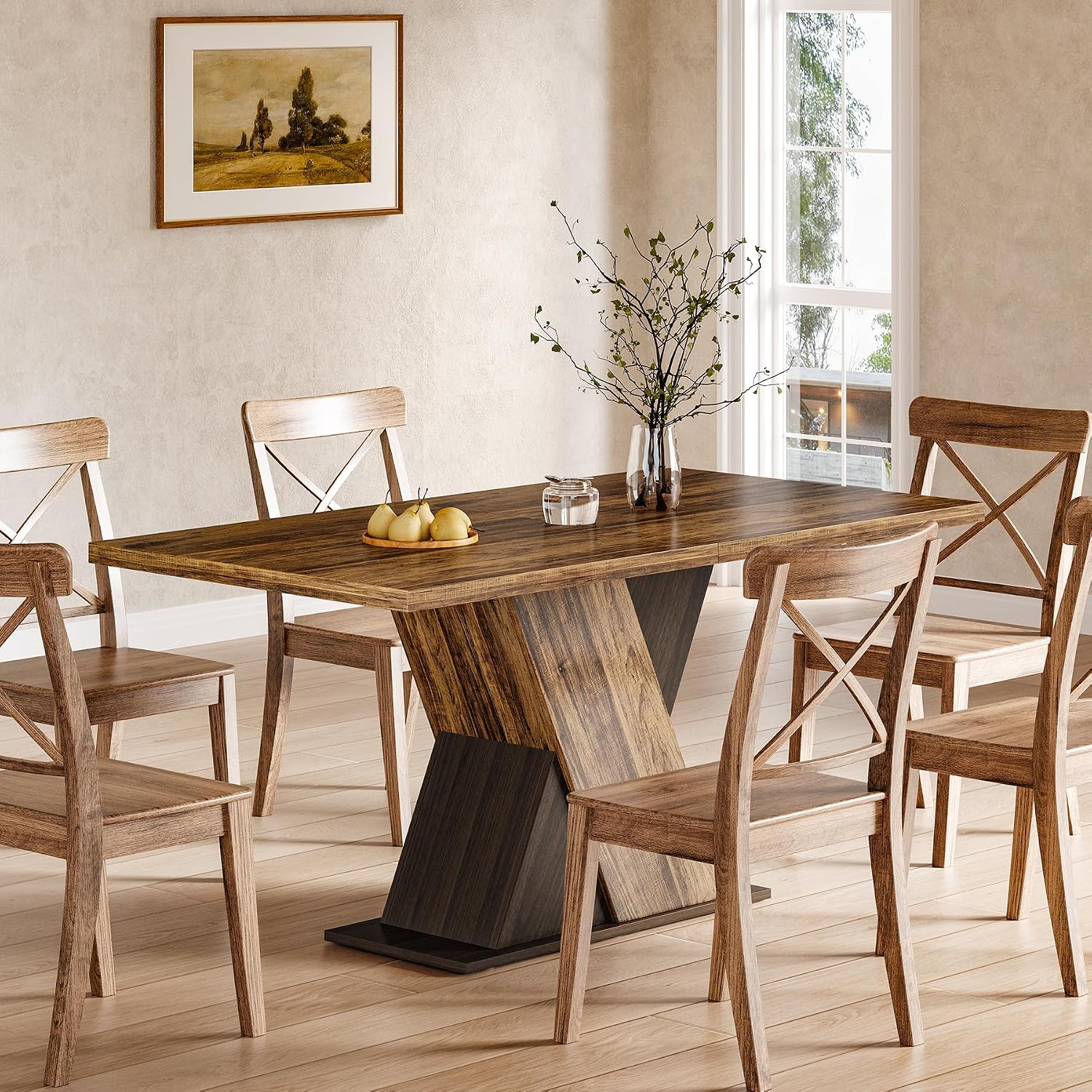 LITTLE TREE 55-Inch Dining Table for 6, Wooden Rectangle Kitchen Table, Large Dining Room Tables, Industrial Dinner Table with Heavy Duty Pedestal, Rustic Brown