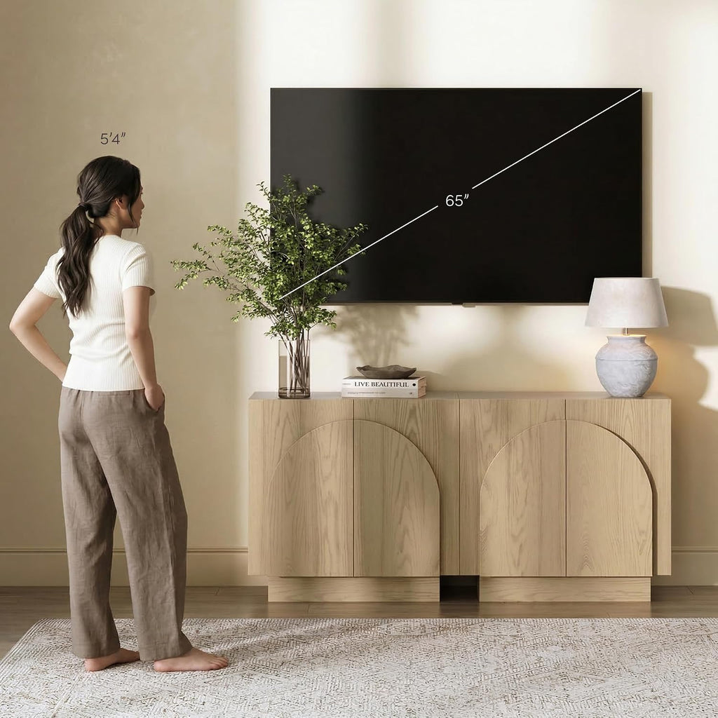 Nathan James Iris Mid-Century Modern Credenza, Light Brown TV Stand, Living Room Wood Storage Cabinet with Arched Cabinet Doors, White Oak, Set of 2