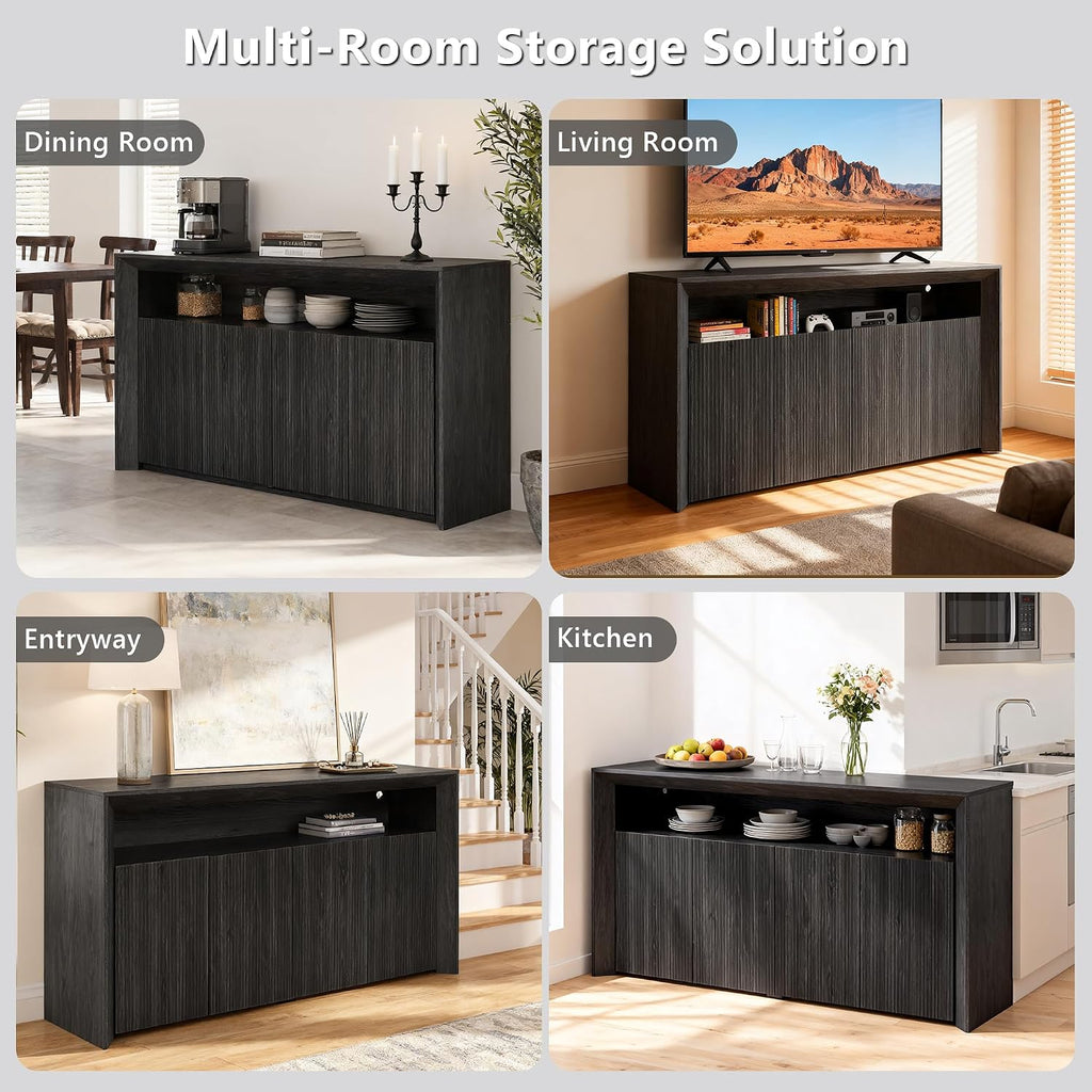 66.2' Buffet Cabinet with Storage and led Lights,Modern Sideboard Cabinet with 4 Doors & Shelves,Fluted Media Console Mid Century Coffee Bar Table for Living Room Kitchen Dining Room Hallway,Dark Grey