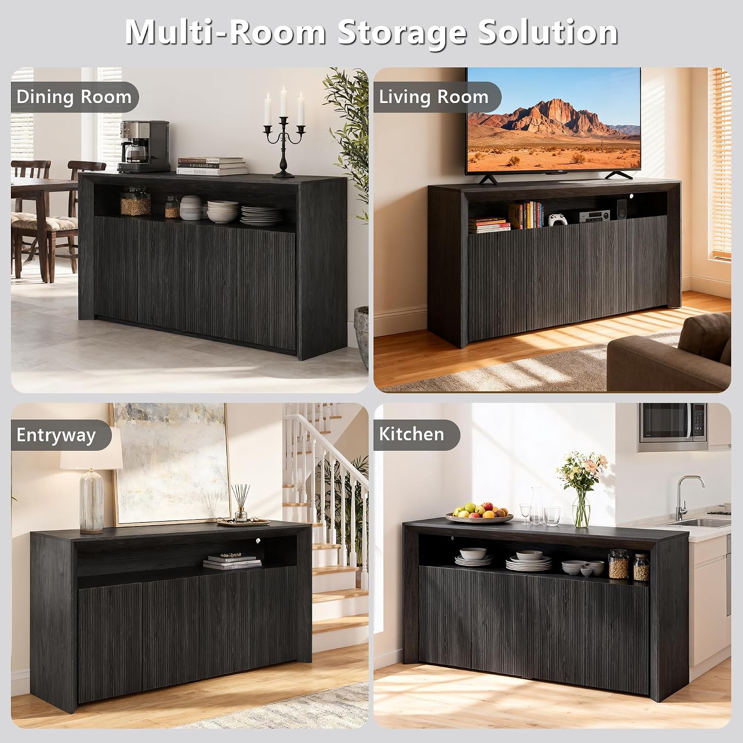 66.2' Buffet Cabinet with Storage and led Lights,Modern Sideboard Cabinet with 4 Doors & Shelves,Fluted Media Console Mid Century Coffee Bar Table for Living Room Kitchen Dining Room Hallway,Dark Grey